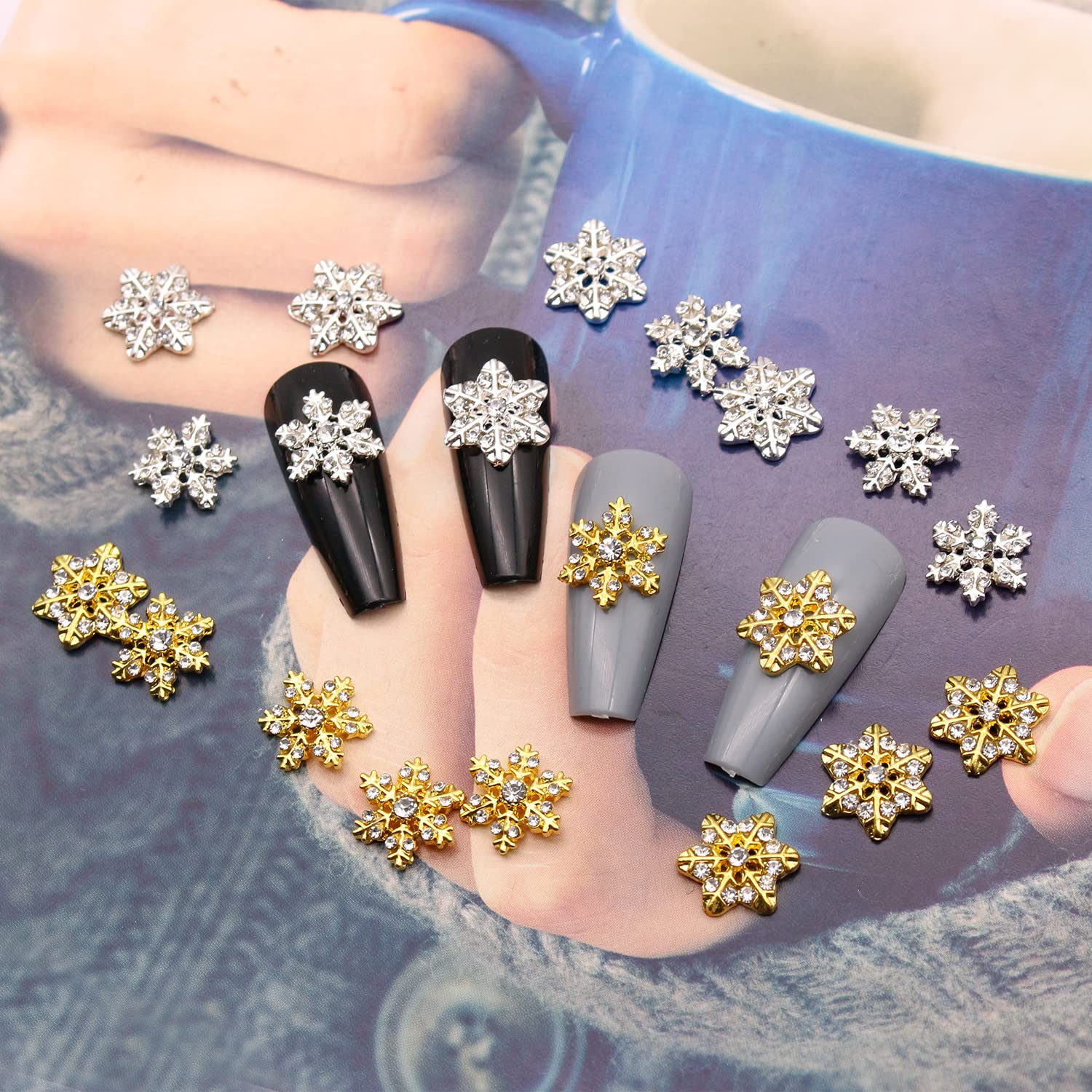 20 Pcs Gold & Silver Snowflake Nail Charms - 3D Winter Nail Art Decorations for Christmas, Luxury Rhinestone Nail Jewelry - Perfect for Holiday Parties & Festive Nail Designs