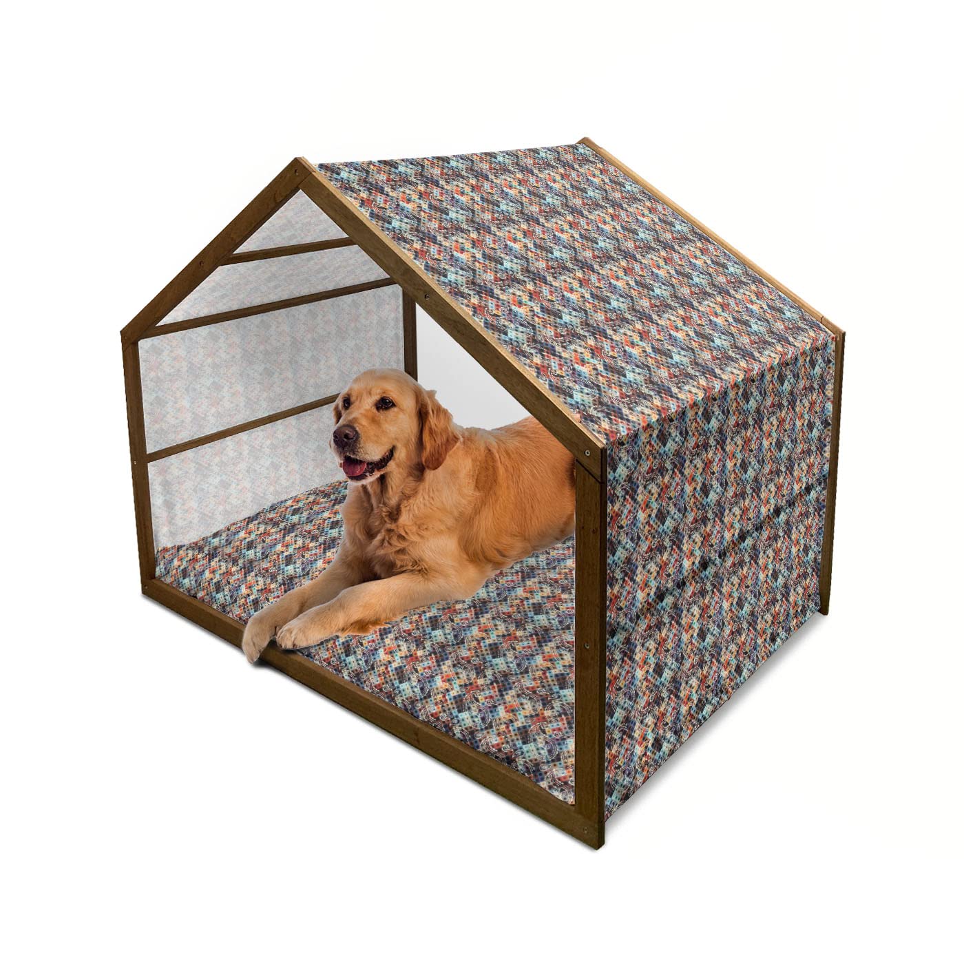 Ambesonne Modern Wooden Dog House - Geometric Retro Design with Paisley Spots Art Print, Indoor & Outdoor Portable Pet Kennel with Removable Pillow & Cover, X-Large Size, Multicolor - Perfect for Backyard, Patio, or Living Room Pet Shelter