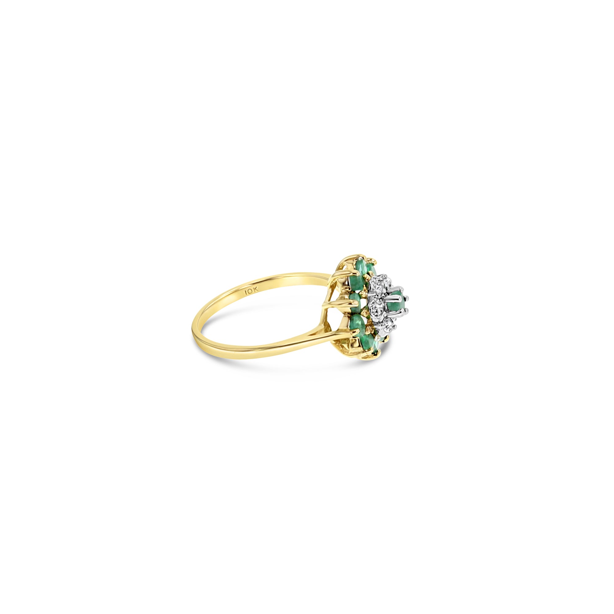 1.00cttw Emerald & Diamond Halo Flower Ring in 10k Yellow Gold - Elegant Jewelry for Weddings, Anniversaries & Special Occasions