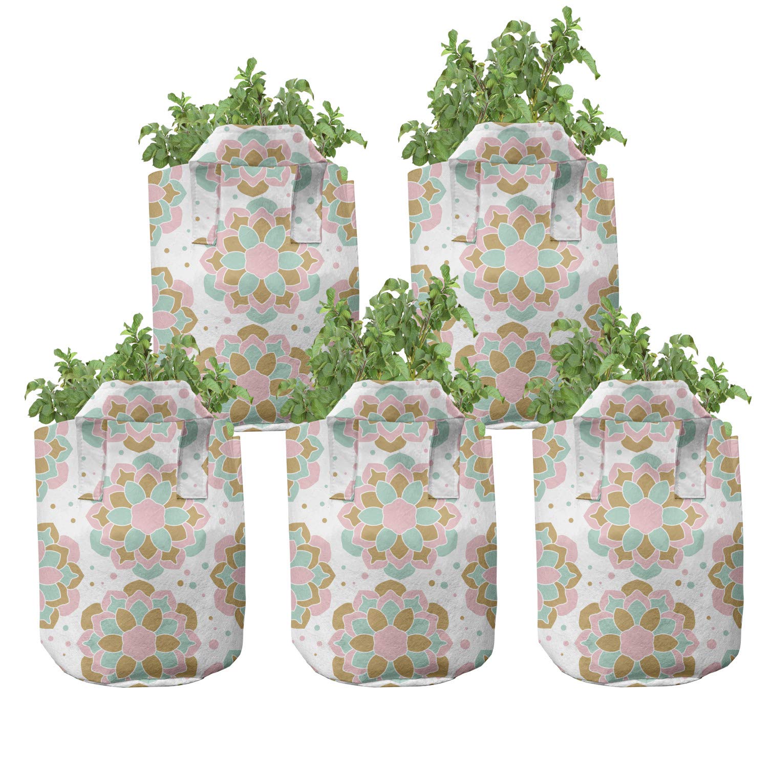 Ambesonne 5-Pack Ethnic Grow Bags with Handles - Pastel Blossoms Design, Heavy Duty Fabric Plant Pots in Pink, Beige & Dark Mustard Colors | Indoor/Outdoor Gardening, Flower Planting, Herb Cultivation