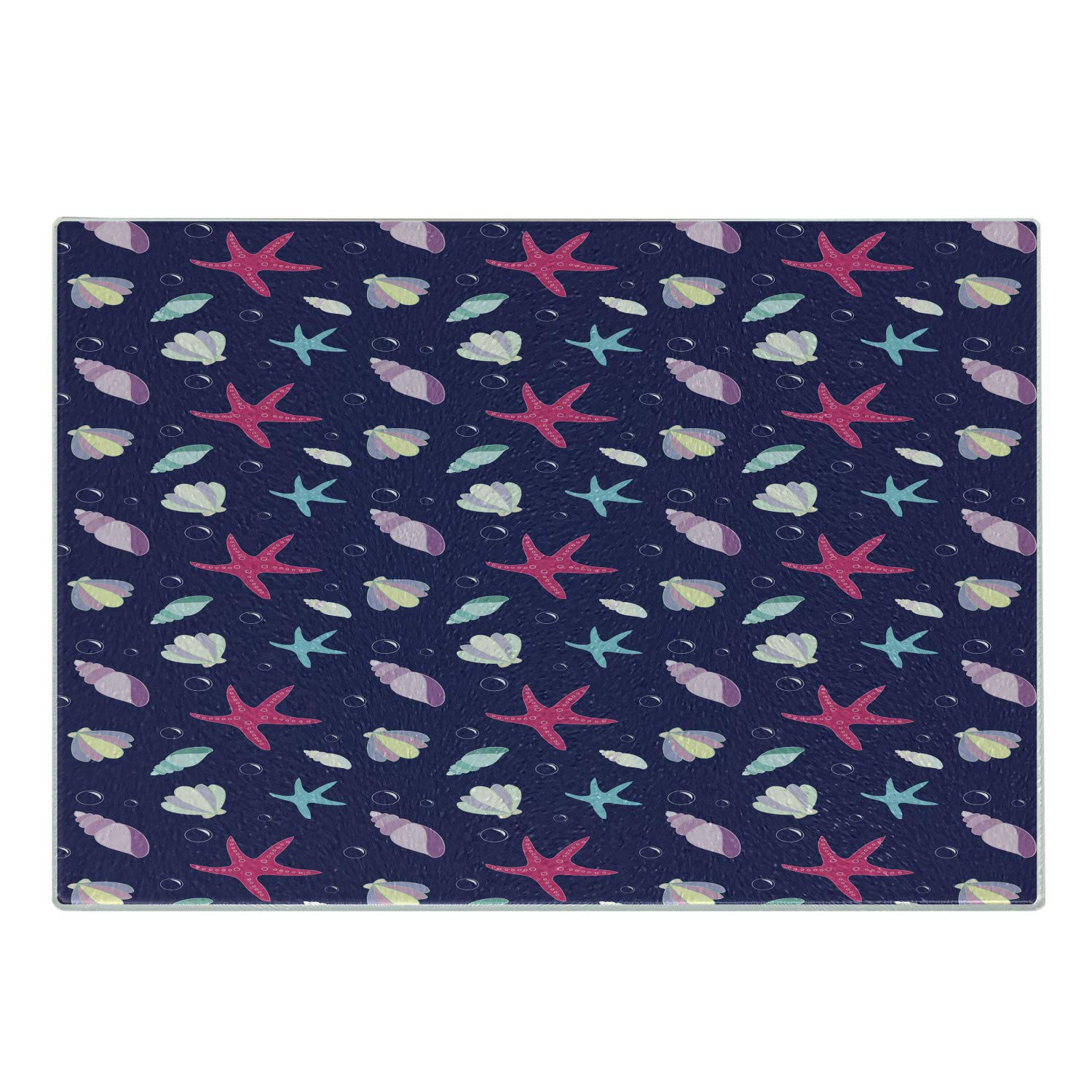 Ambesonne Nautical Marine Cutting Board - Decorative Tempered Glass with Shells, Starfish & Bubbles Design - Small Multicolor Serving Board for Kitchen, Dining & Gift Giving - Navy & Blush Aquatic Wildlife Theme