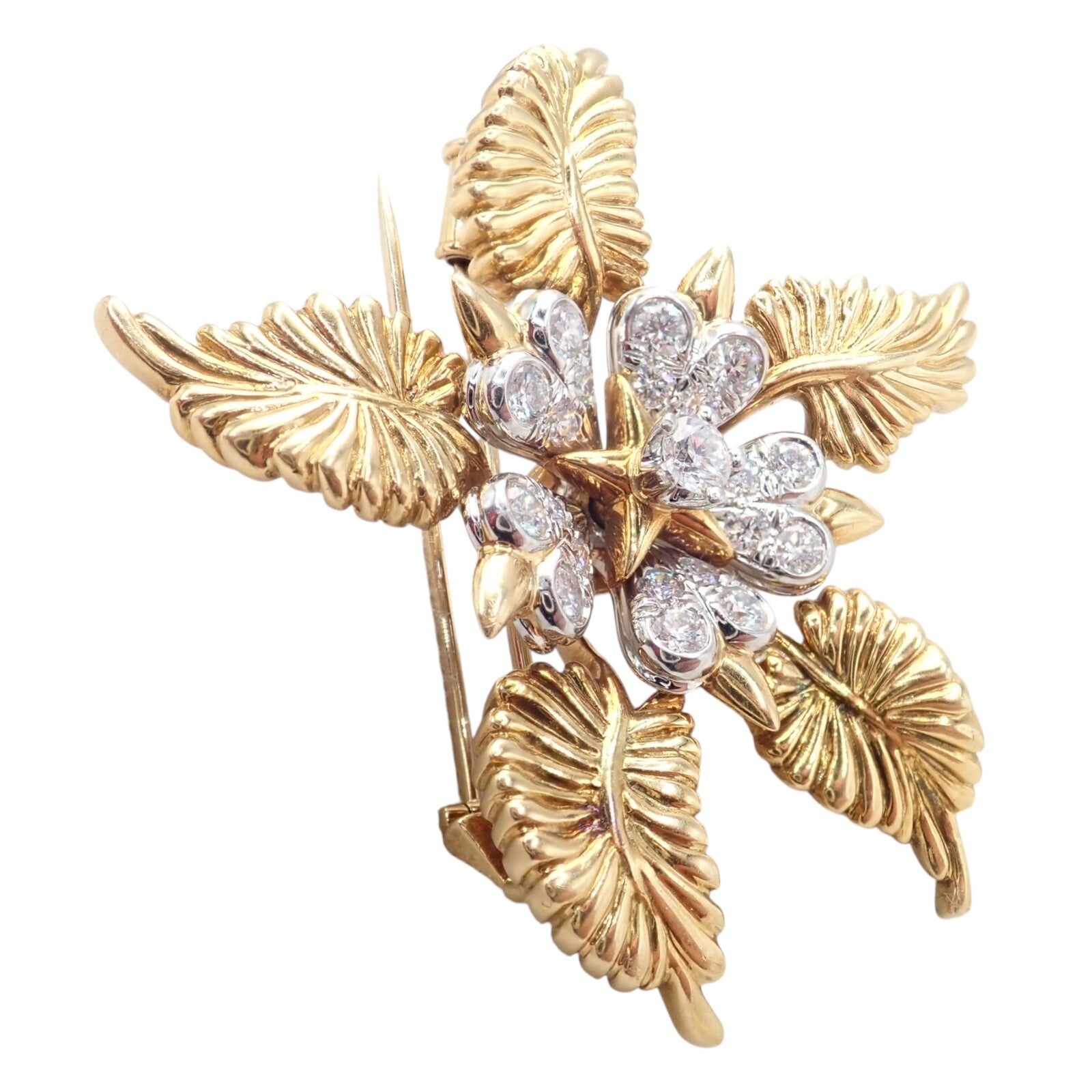 Tiffany & Co Schlumberger 18k Yellow Gold Platinum Diamond 5 Leaf Pin Brooch - Elegant Jewelry for Women, Luxury Gift for Anniversary & Special Occasions