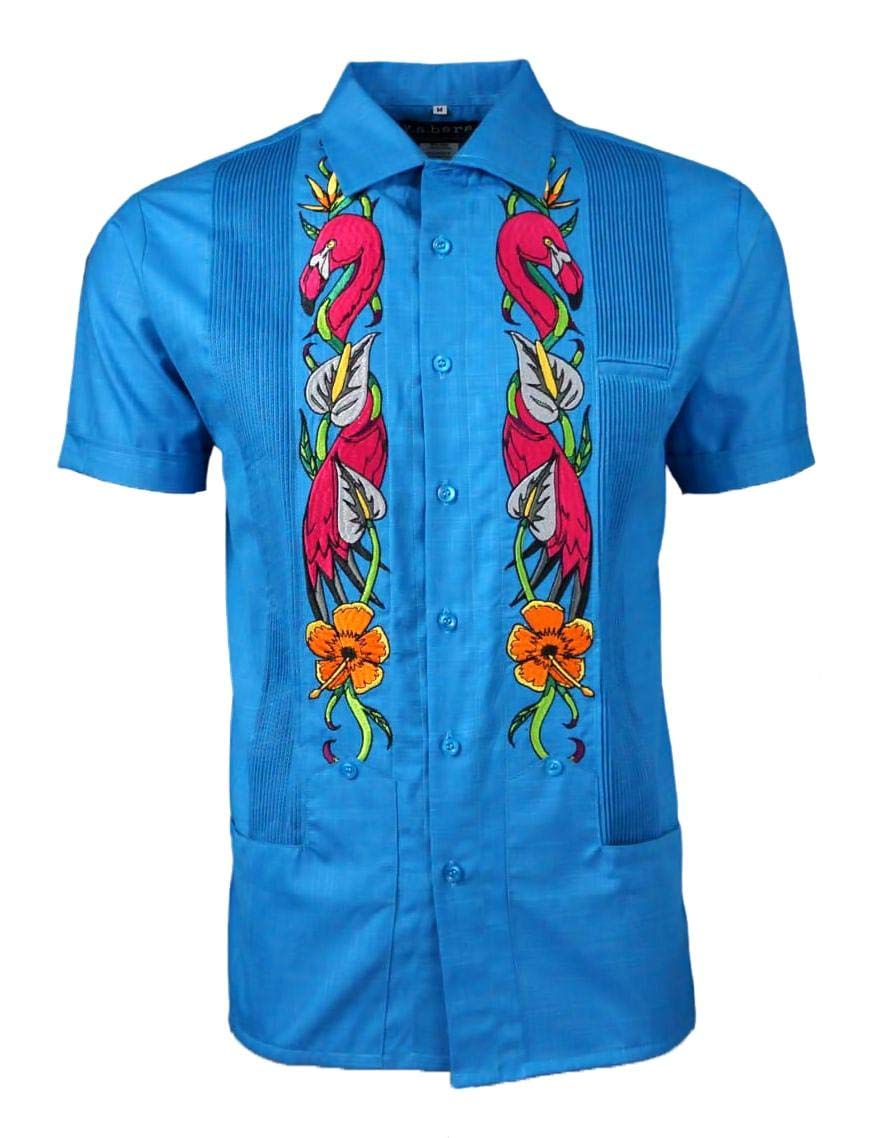 Stylish Turquoise Linen Guayabera Shirt with Vibrant Flamingo Embroidery - Perfect for Beach Vacations, Summer Parties & Tropical-Themed Events