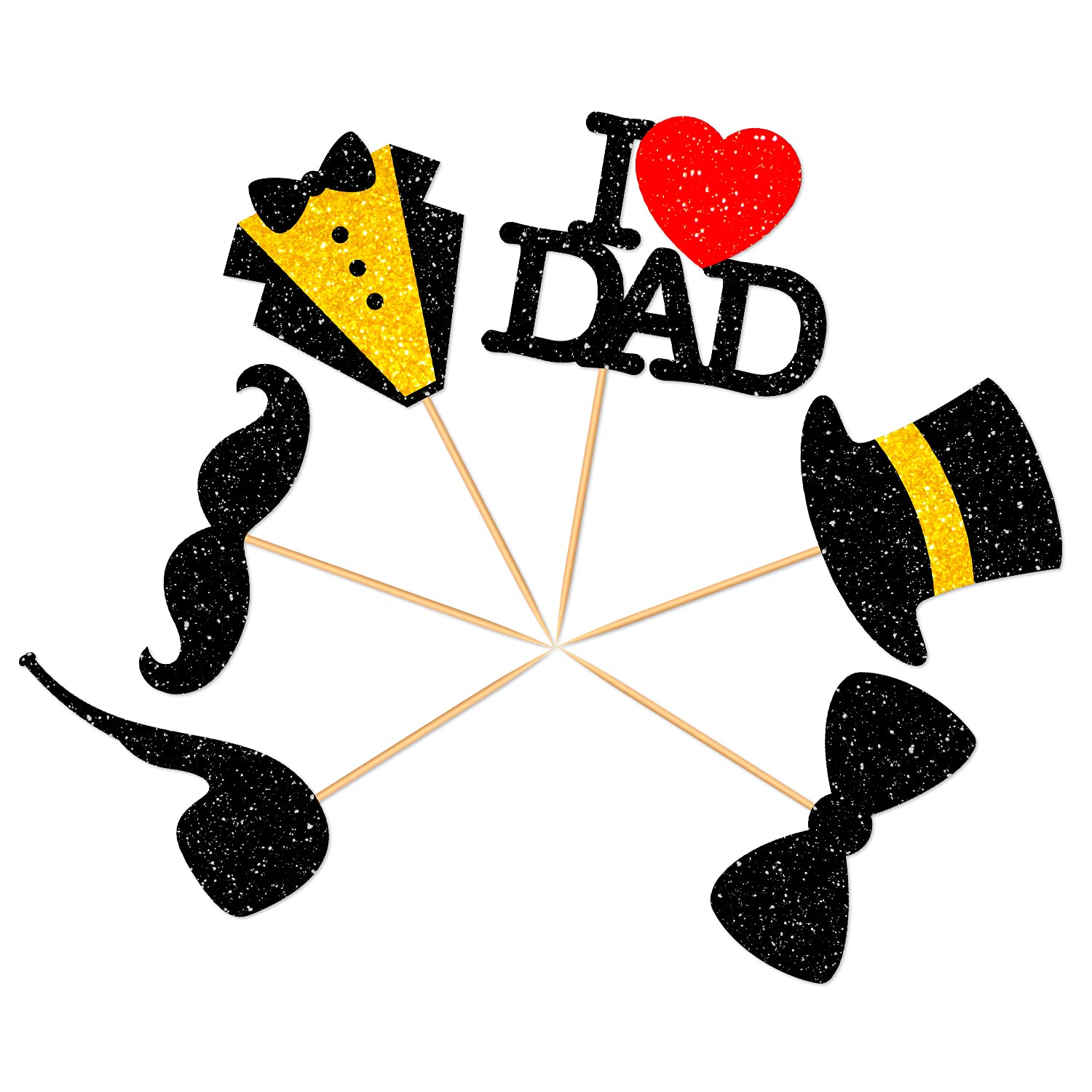 36Pcs Black Glitter Cupcake Toppers for Father's Day - I Love Dad Cake Decorations with Bow Tie, Mustache, Hat & Necktie - Perfect for Father's Birthday Party, DIY Cake Decorating & Holiday Celebrations