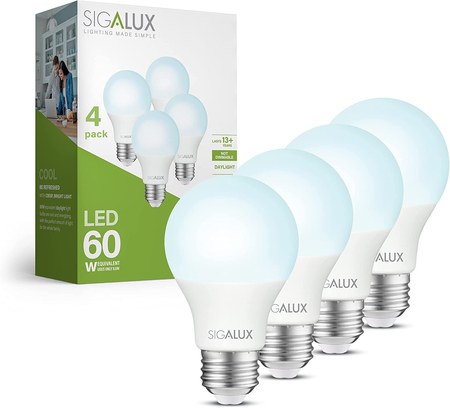 Sigalux 60W Equivalent A19 LED Light Bulb - 5000K Daylight White, 800LM Brightness, 9.5W Energy Saving, Non-Dimmable E26 Medium Base, UL Listed (4 Pack) - Perfect for Home, Office, Kitchen, and Living Room Lighting