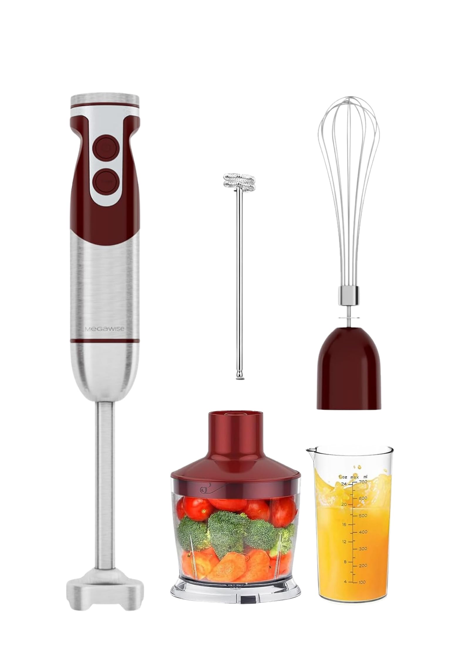 MegaWise Pro Titanium Reinforced 5-in-1 Immersion Hand Blender - 800W Powerful Motor with 80% Sharper Stainless Steel Blades, 12-Speed Control, Includes 500ml Food Chopper, 600ml Mixing Beaker, Whisk & Milk Frother - Perfect for Smoothies, Soups, Sauces, Baby Food & Baking at Home