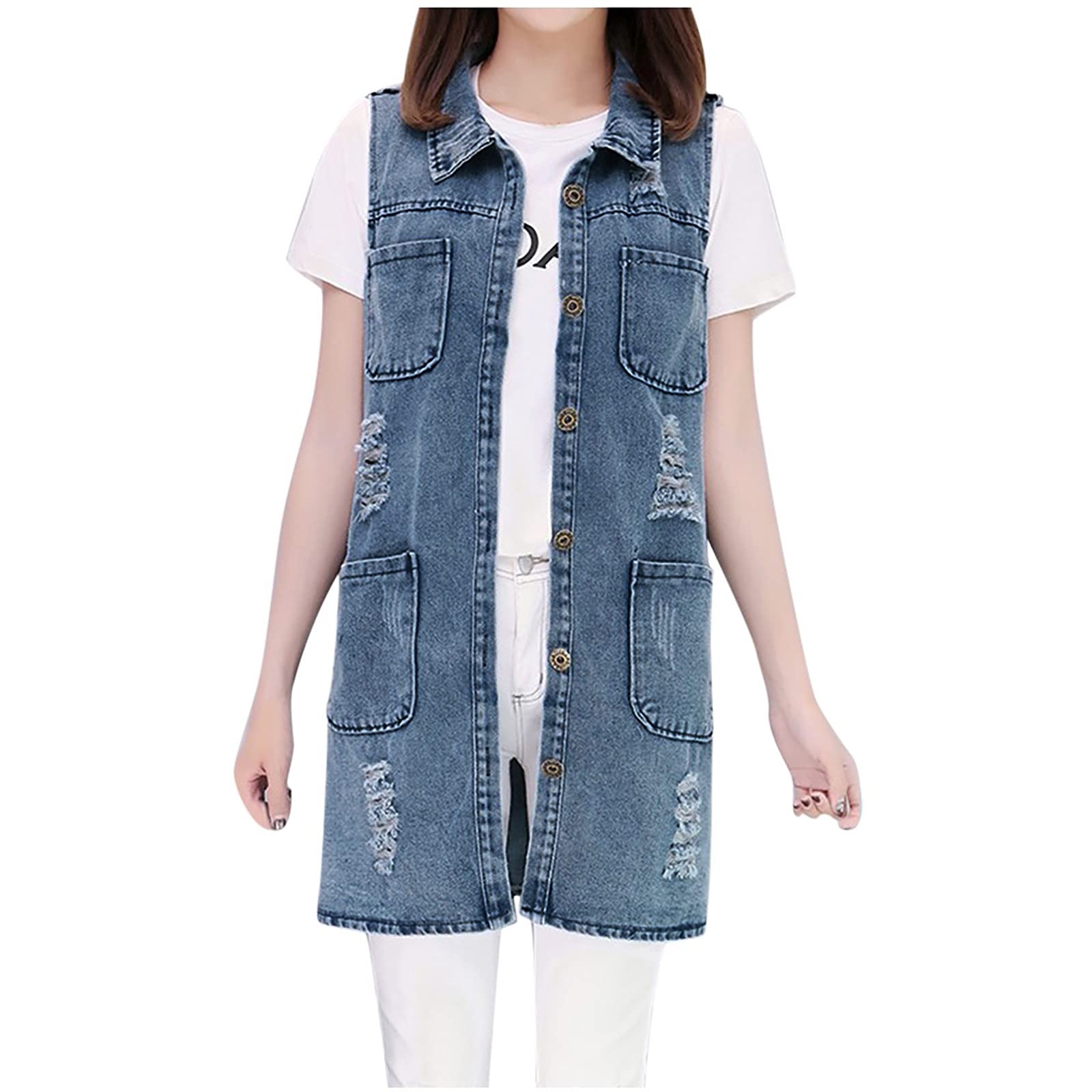 Women's Denim Vest Jacket - Loose Fit Long Sleeve Solid Blue Crop Top for Spring & Autumn | Casual Outfits, Layering Style, Streetwear Fashion