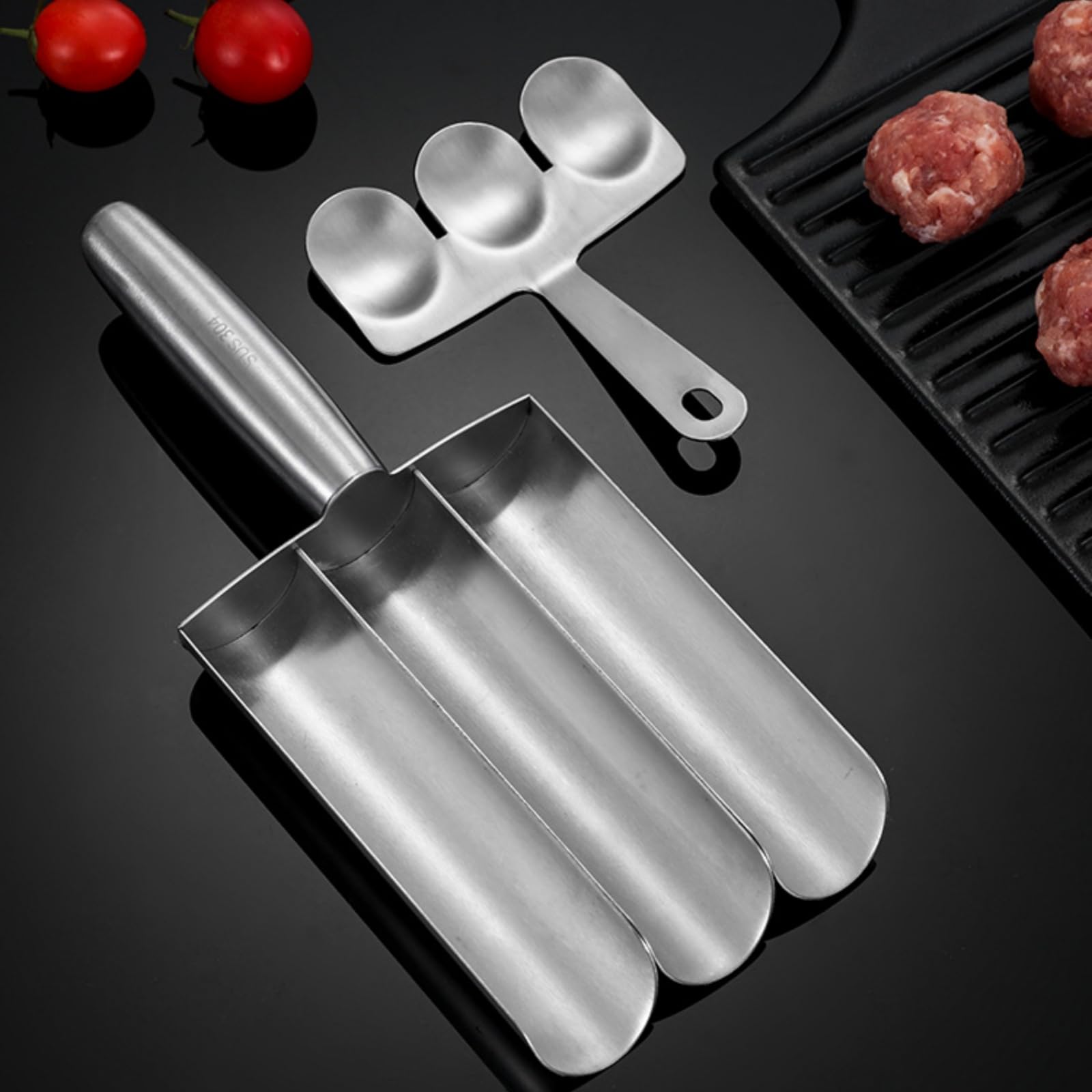 Premium Stainless Steel Triple Meatball Maker Tool Set with Cutting Spoon - Easy DIY Meatball Mold for Home Cooking & Quick Meal Prep | Perfect for Italian Dishes, Party Appetizers & Family Dinners