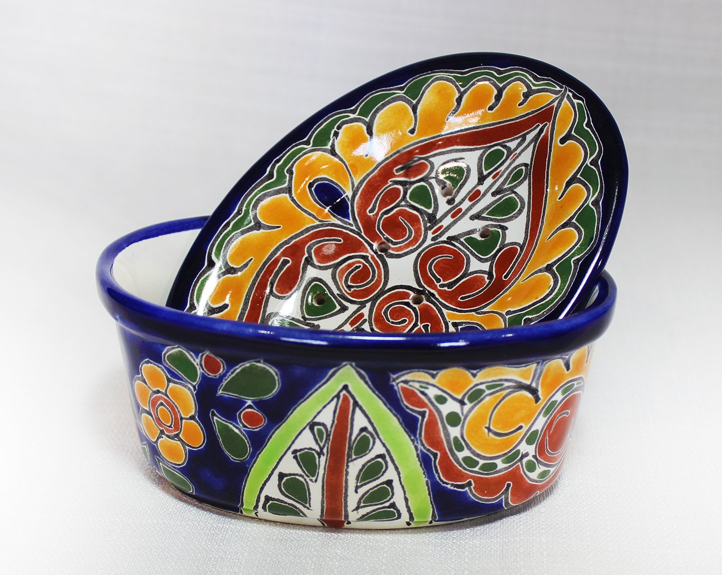 Handmade Talavera Ceramic Oval Soap Dish with Drainage Holes - Bathroom Decor, Shower Organizer, Gift for Home