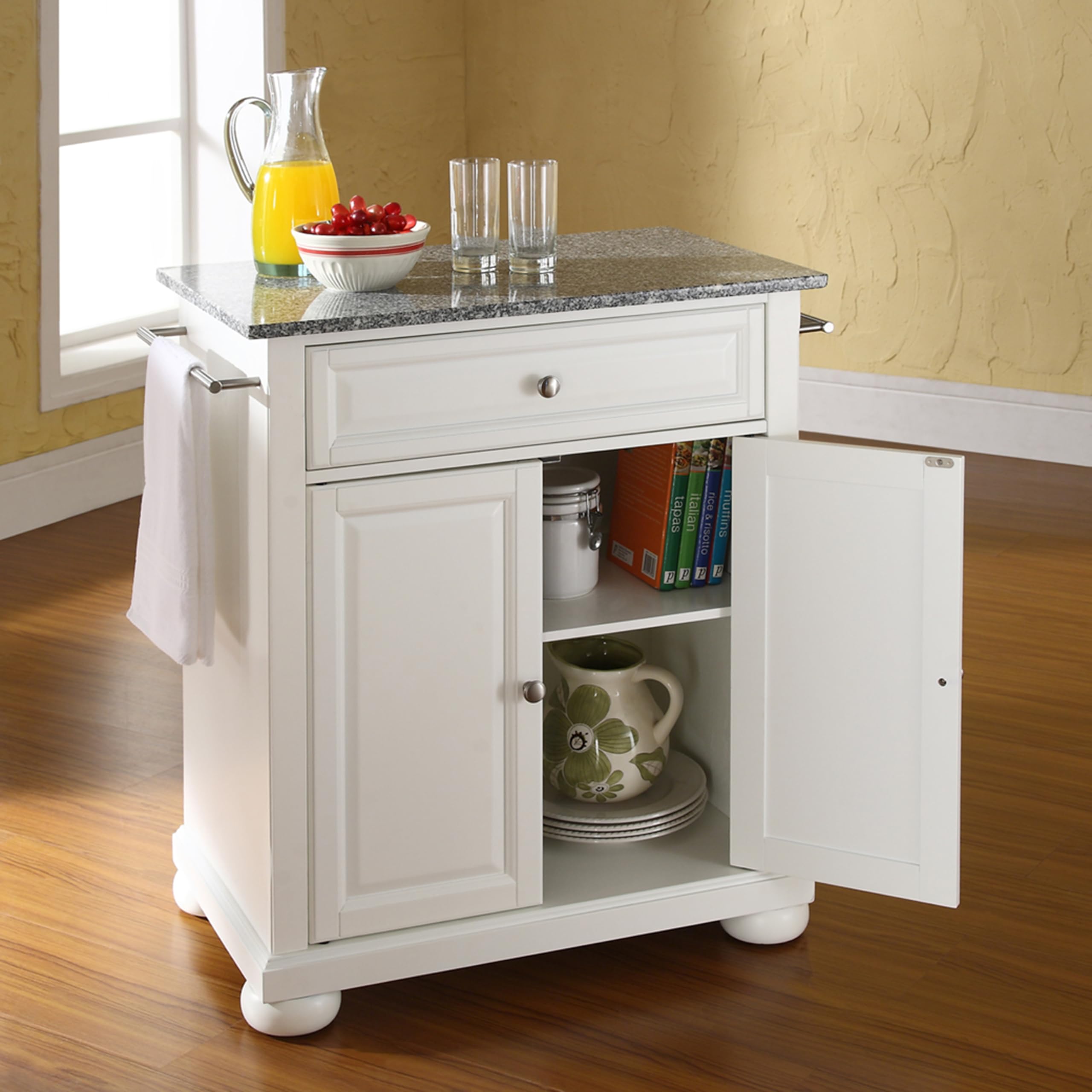 Crosley Alexandria Granite Top Portable Kitchen Island Cart with Wheels - White | Microwave Stand, Storage Cabinet, Rolling Kitchen Cart for Small Spaces | Perfect for Apartments, Dorms & Compact Kitchens