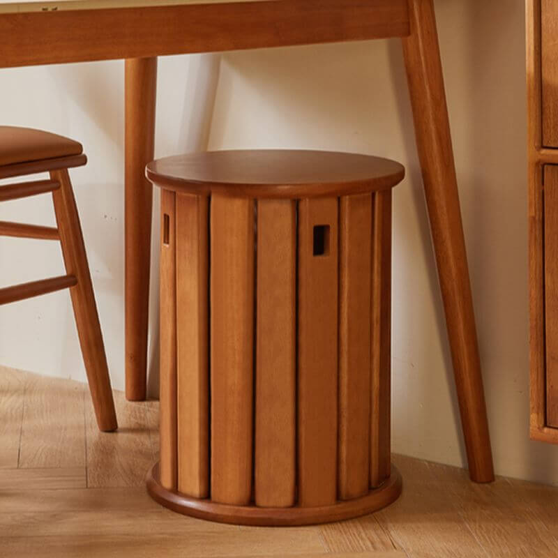 Minimalist Solid Color Utility Stool with Midnight Black/Auburn/Natural Finish - Stackable Drum Base & Natural Wood Seat - Perfect as Side Table, Bedside Stool or Living Room Accent
