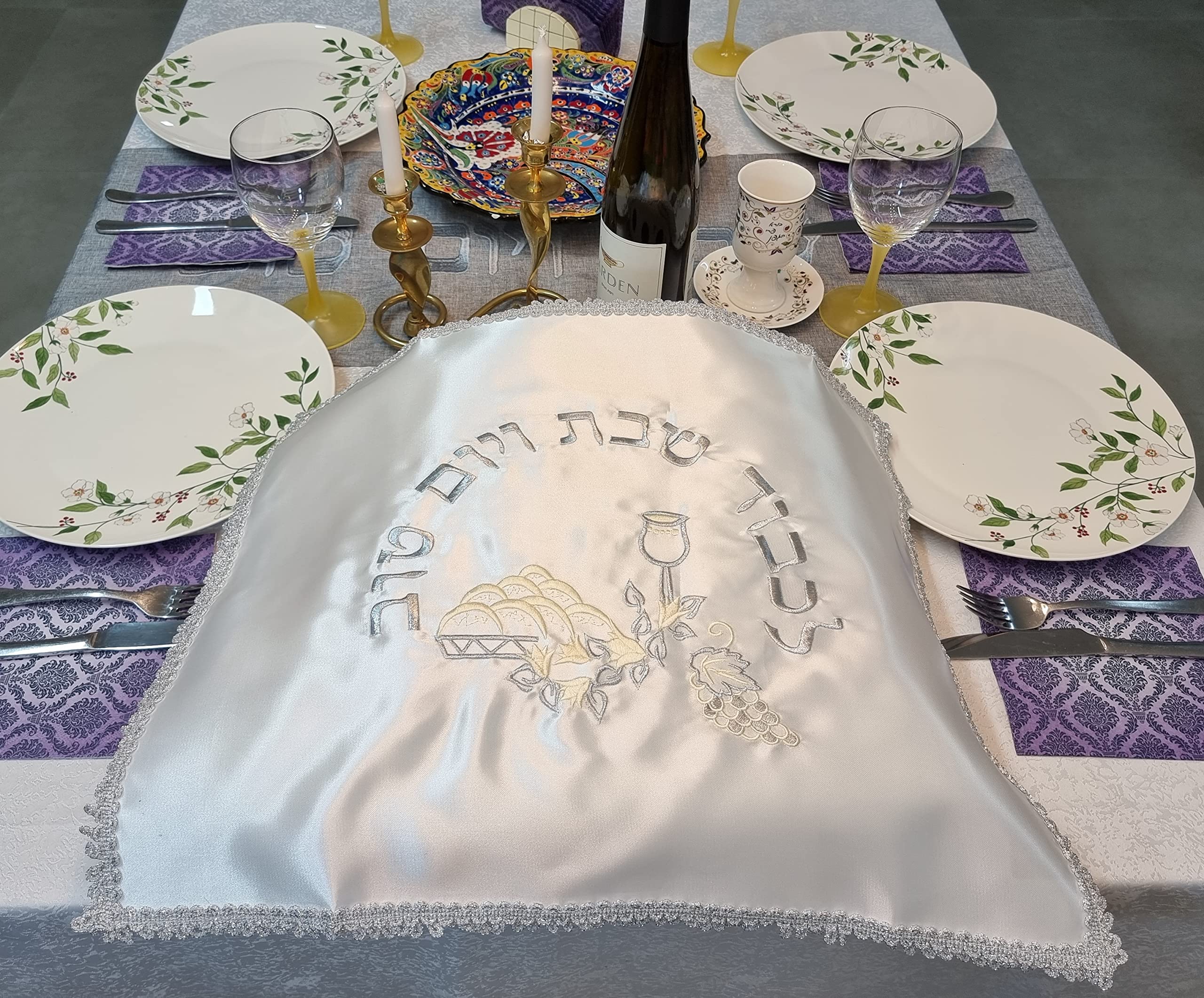 Elegant White Satin Challah Bread Cover with Silver Embroidery - 20x16 Inch Shabbat Tablecloth for Jewish Holidays | Perfect Judaica Gift for Hanukkah, Passover & Sabbath Celebrations