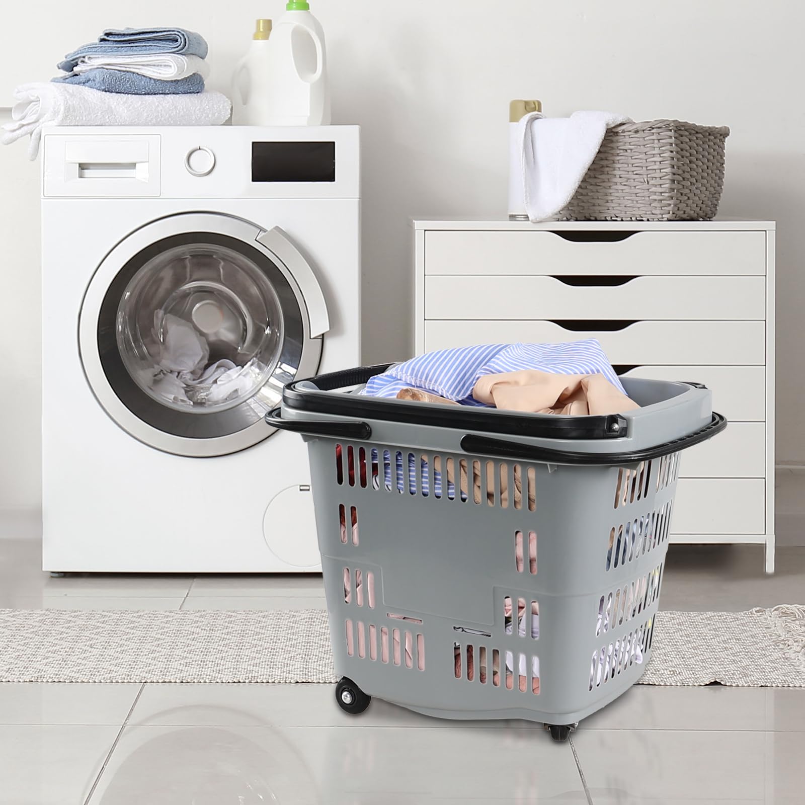 4-Pack Large Wheeled Shopping Basket with Carry Handle - 50L Plastic Grocery Cart for Supermarket, Warehouse & Home Use - Durable Gray Utility Basket for Shopping, Storage & Organization