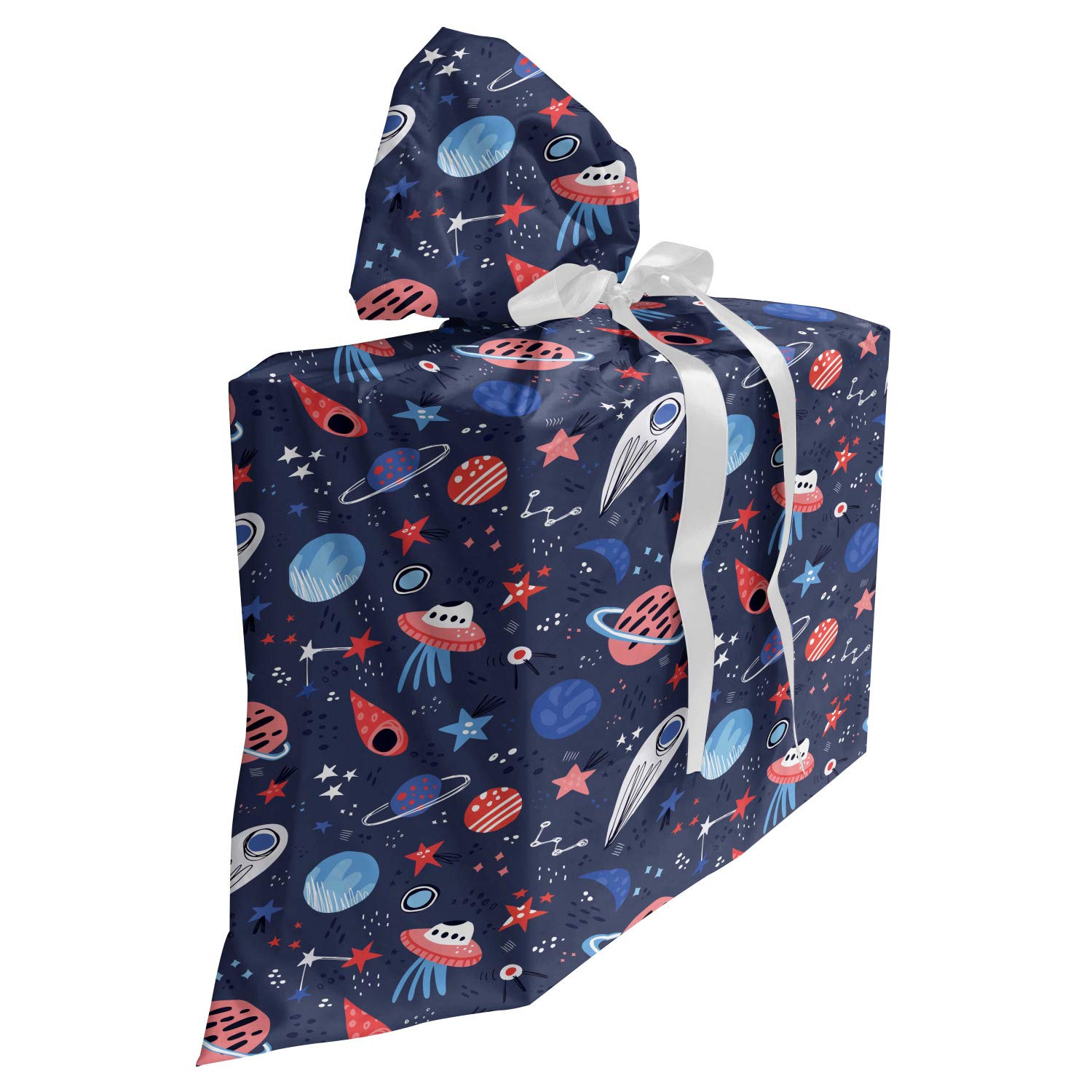 Lunarable Outer Space Gift Bag - Galactic Star Planet Themed Fabric Party Favor Pouch with 3 Ribbons, 27 Inches, Dark Indigo Coral - Perfect for Birthday Parties, Baby Showers & Cosmic-Themed Events