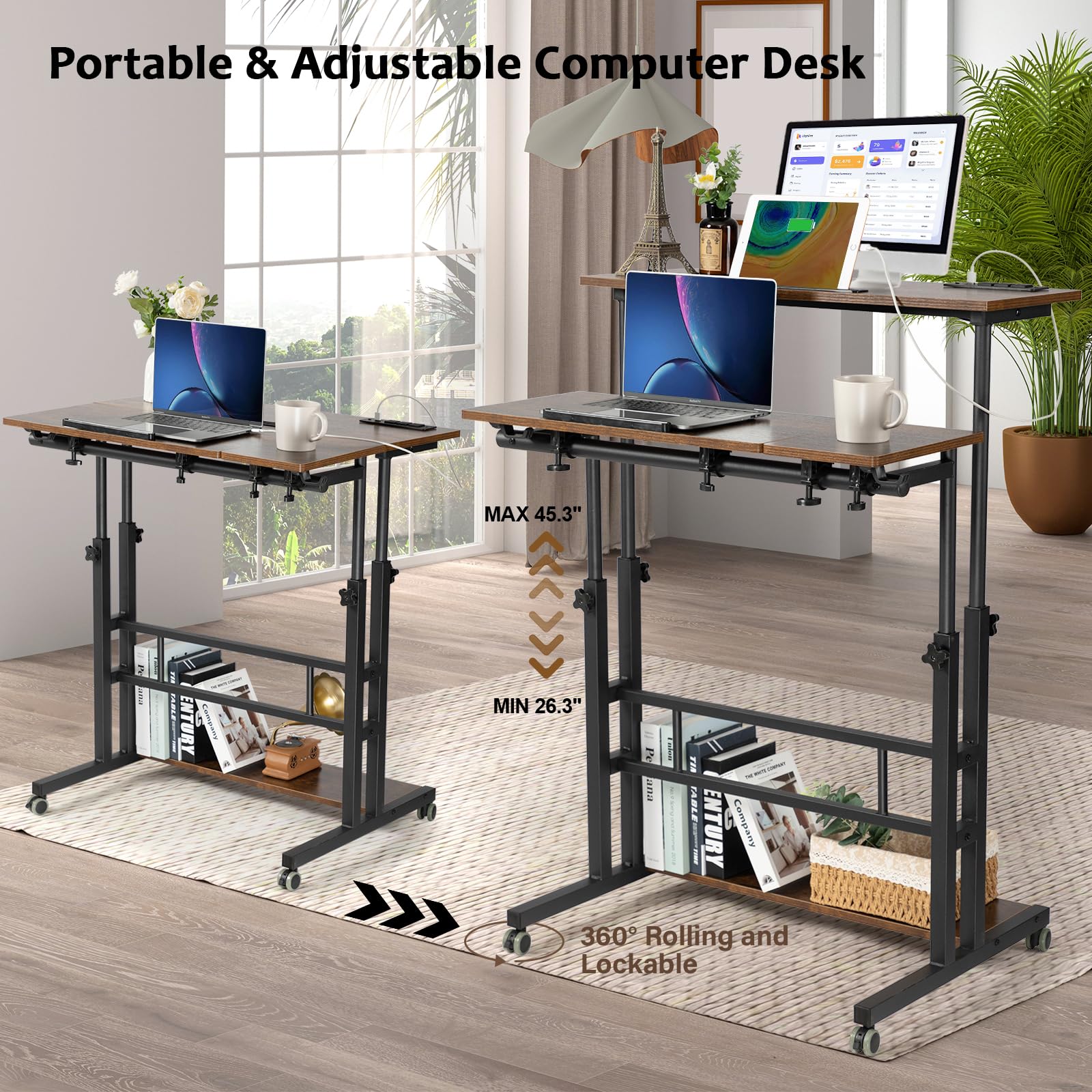 Hadulcet Adjustable Mobile Standing Desk with USB Charging Station - 31.49