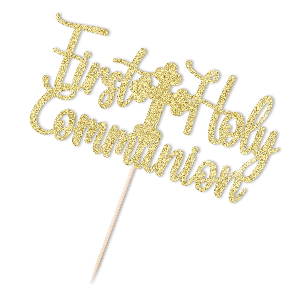 First Holy Communion Cake Topper - Gold Glitter Baby Shower, Birthday & Communion Party Decoration (402) | Perfect for Christian Celebrations, Baptism, First Communion & Religious Events