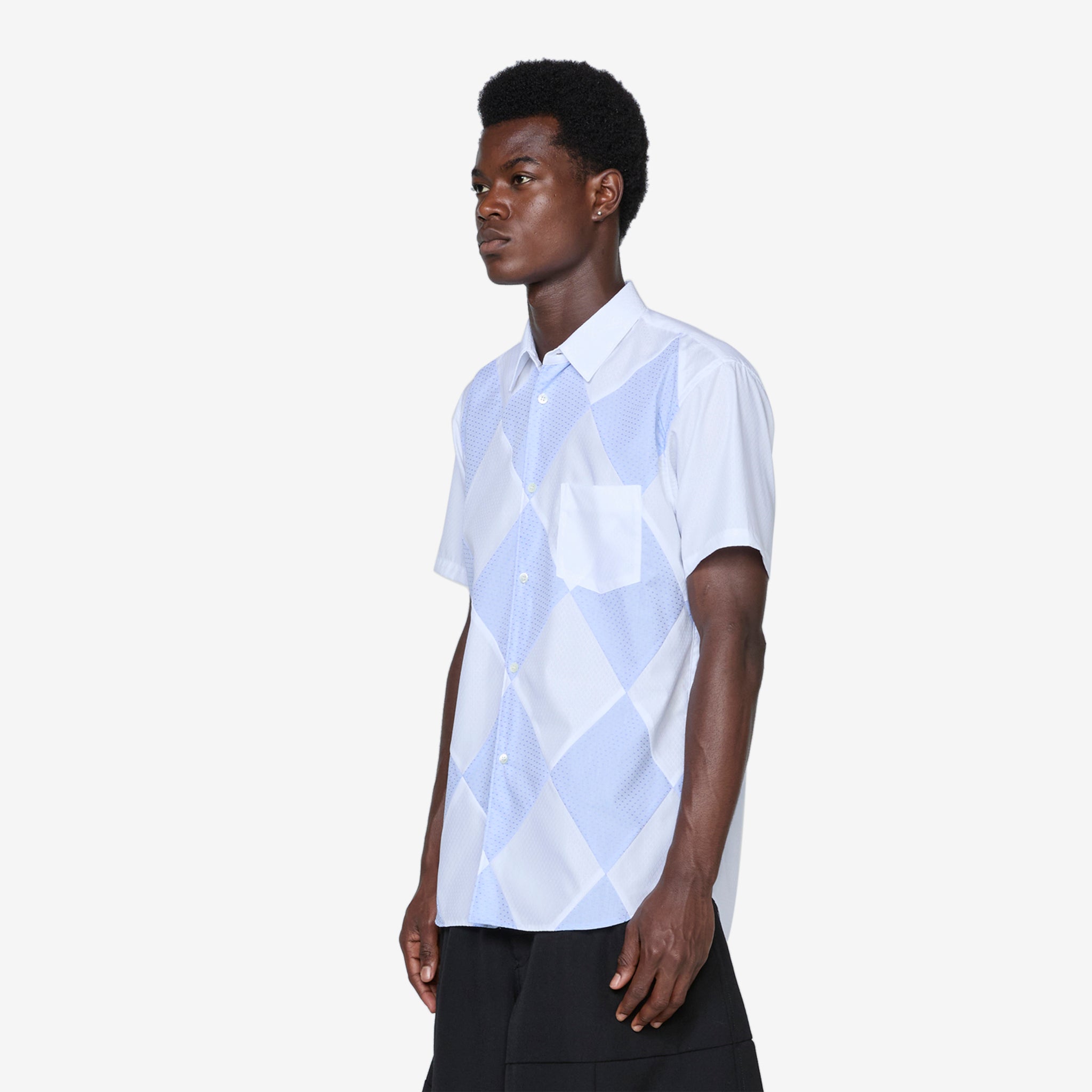Diamond Patchwork Shirt for Women - White & Blue Casual Button Down Top | Perfect for Office, Date Night and Summer Outfits