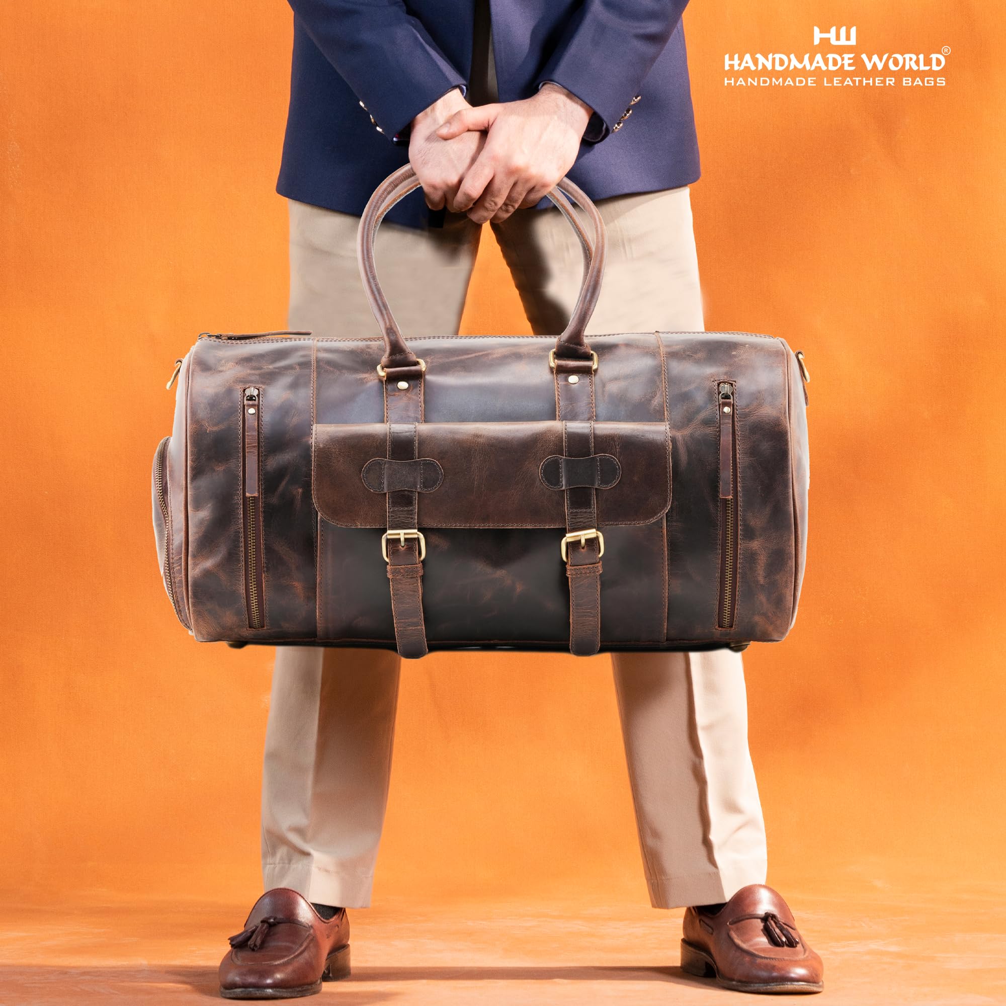 Handmade Genuine Buffalo Leather Duffle Bag - 21 Inch Gym & Travel Weekender Overnight Bag - TSA Approved Carry-on Luggage for Men & Women - Perfect for Gym, Business Trips & Weekend Getaways