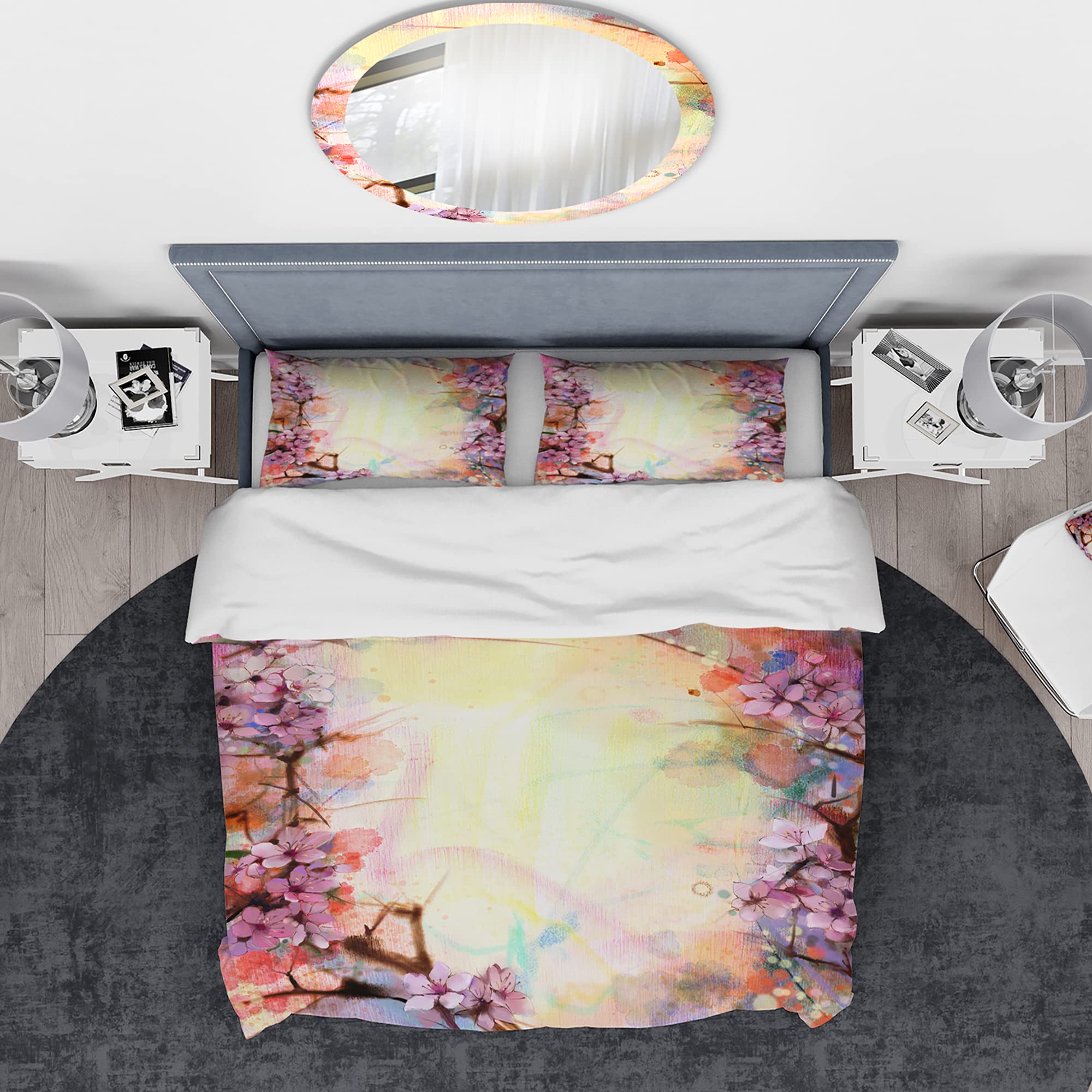 Pink Sakura Floral Duvet Cover Set King Size - 3 Piece Coastal Bedding with Blurred Nautical Design, All Season Soft Comforter Cover for Master Bedroom & Guest Room Decor