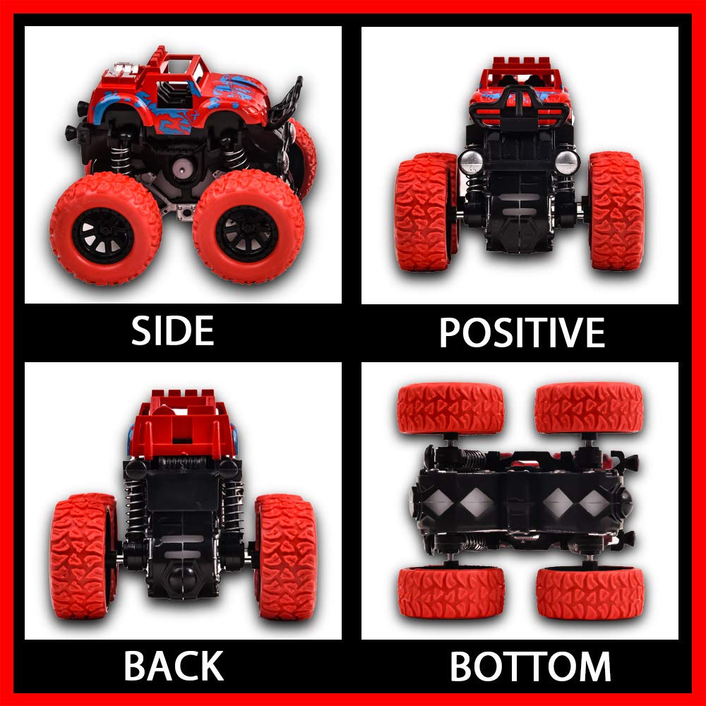 4 Pack Pull Back Monster Trucks for Kids - 360° Rotating Wheels, Durable Friction Powered Push & Go Toy Vehicles - Gift for Boys & Girls Ages 3-8 - Perfect for Indoor Play, Birthday Parties & STEM Learning