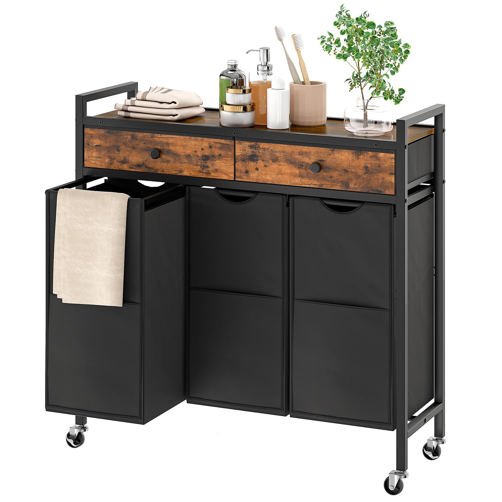 HOOBRO 3-Section Laundry Sorter Hamper with 2 Drawers & Removable Bags, 130L Rolling Laundry Basket for Bedroom, Bathroom, and Laundry Room Organization - Rustic Brown & Black (Model BF78XY01) | Perfect for Small Spaces, Apartments, and Home Organization