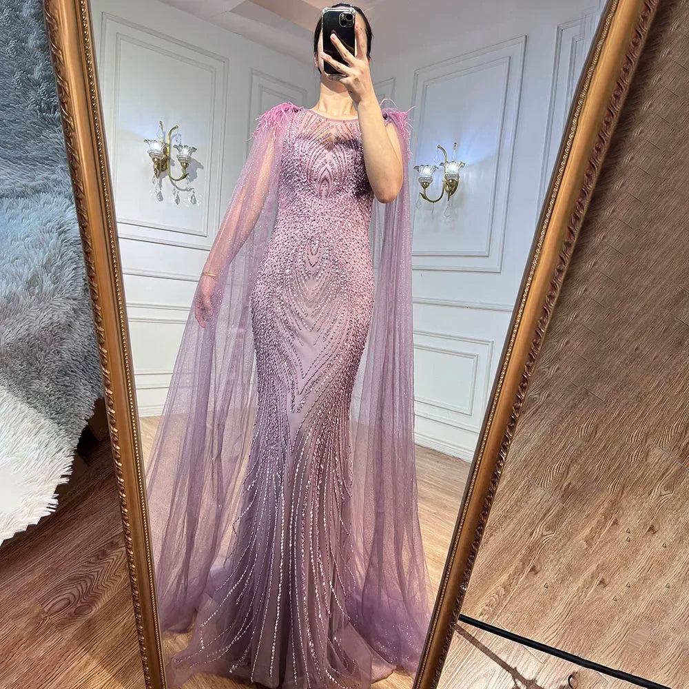 Serene Hill Pink Mermaid Evening Gown with Elegant Cape Sleeves - 2025 Luxury Feather & Beaded Prom Dress for Women - Perfect for Formal Parties, Galas & Special Occasions