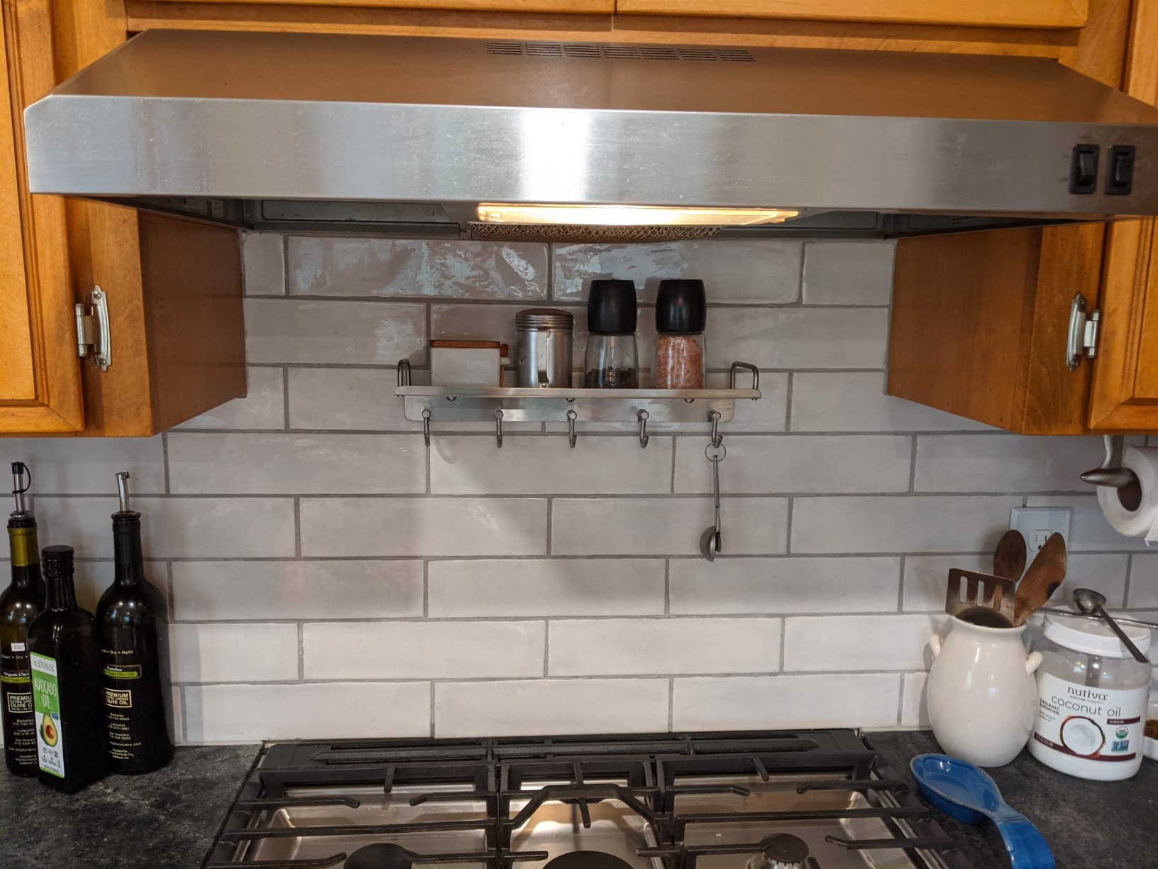 Stainless Steel Wall Mount Kitchen Utensil & Spice Rack with Hooks - Over the Stove Shelf Organizer for Spatulas, Spoons & Seasoning Jars - Perfect for Small Kitchen Storage & Cooking Space Organization