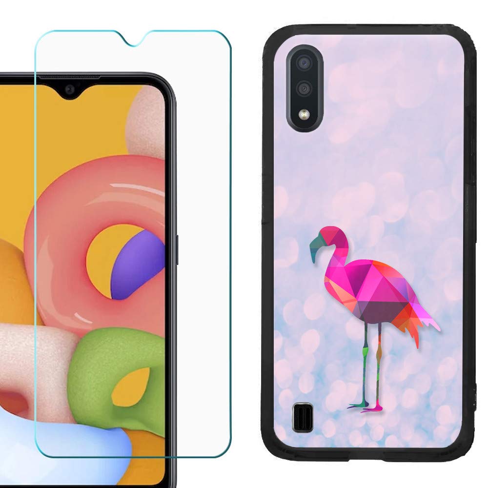 OneToughShield Slim-Fit TPU Protective Case for Samsung Galaxy A01 - Black with Tempered Glass Screen Protector | Flamingo/Polygon Design | Durable Drop Protection for Everyday Use