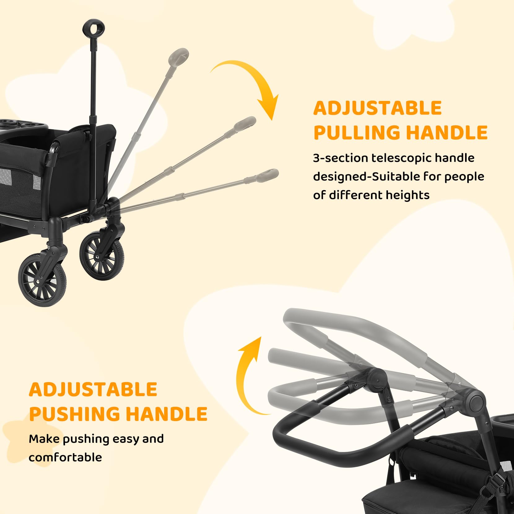 **ELEMARA 2-in-1 Foldable Stroller Wagon for Kids - All-Terrain Push & Pull Wagon with Removable Canopy, Adjustable Handle, Safety Harnesses & Large Storage Bag - Perfect for Beach, Park & Outdoor Adventures (Black)**