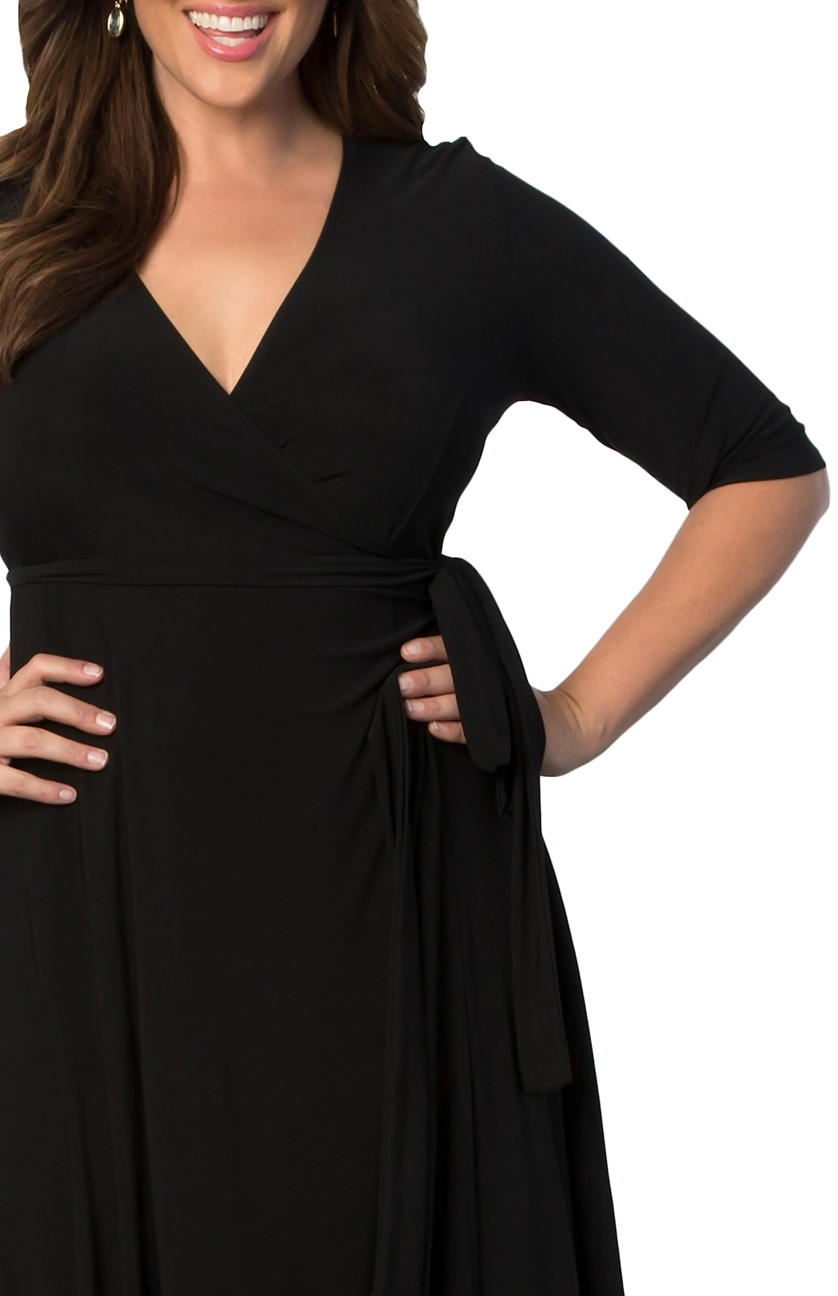 Kiyonna Women's Plus Size Essential Midi Wrap Dress with 3/4 Sleeves | Flattering Casual & Formal Dress for Cocktail Parties, Weddings, Office Work & Special Occasions