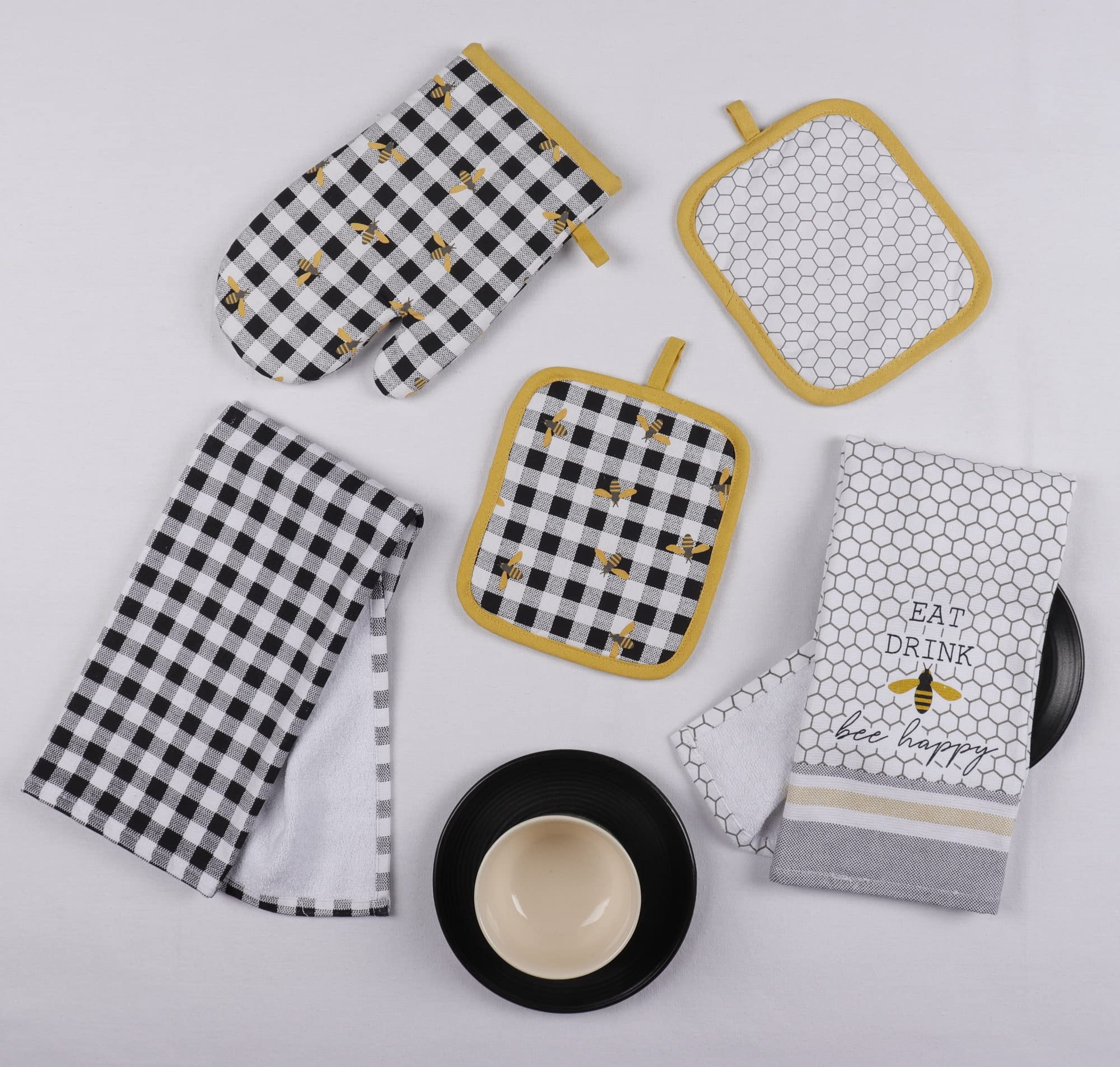 AIRWILL 5-Piece Cotton Kitchen Linen Set - 2 Dish Towels, 2 Pot Holders & 1 Oven Mitt - Soft & Absorbent for Cooking, Baking & Kitchen Decor - Perfect for Home, Restaurant & Gift Giving