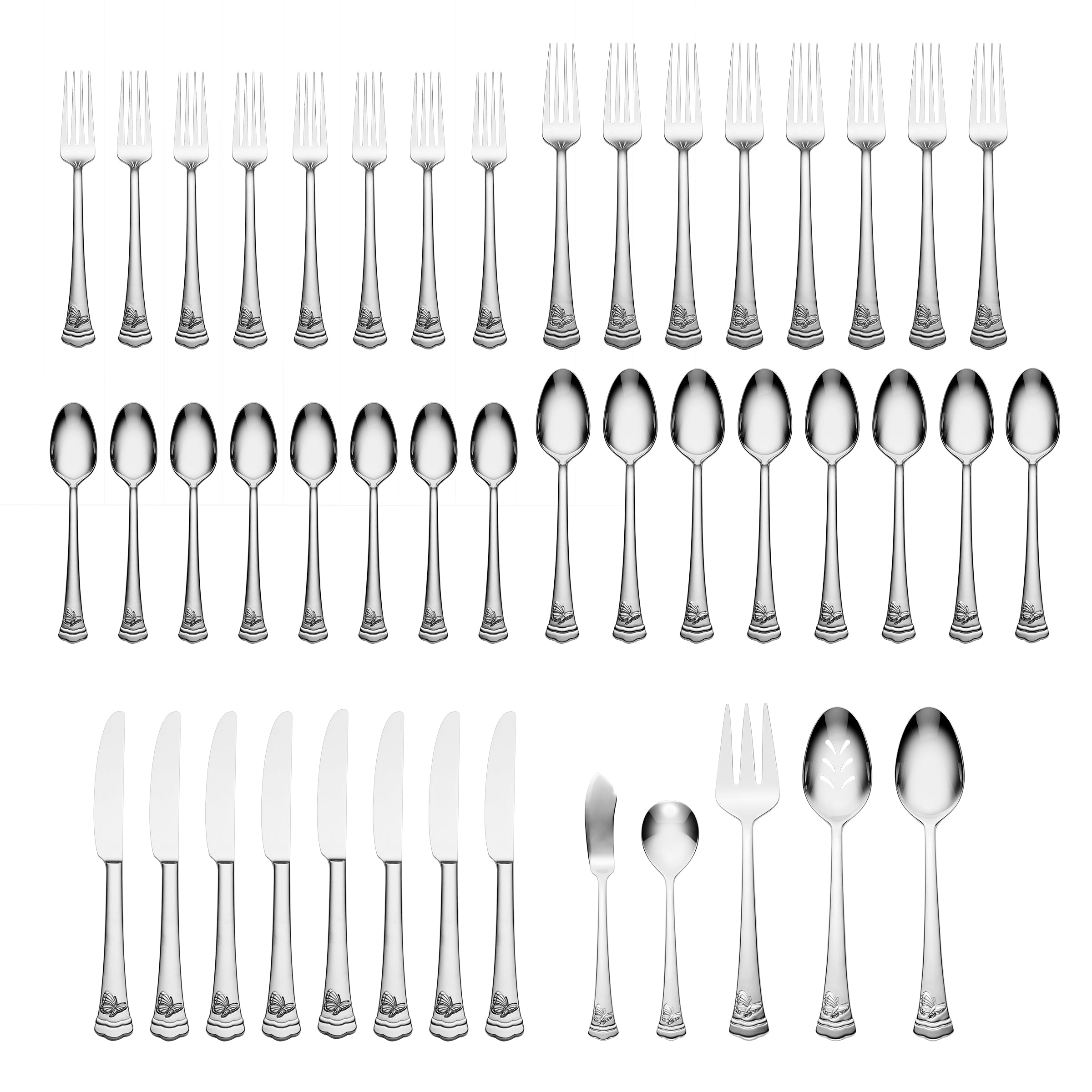 Butterfly Meadow II Mirror 65-Piece Flatware Set - Elegant Stainless Steel Silverware for Dining, Wedding, and Home Decor