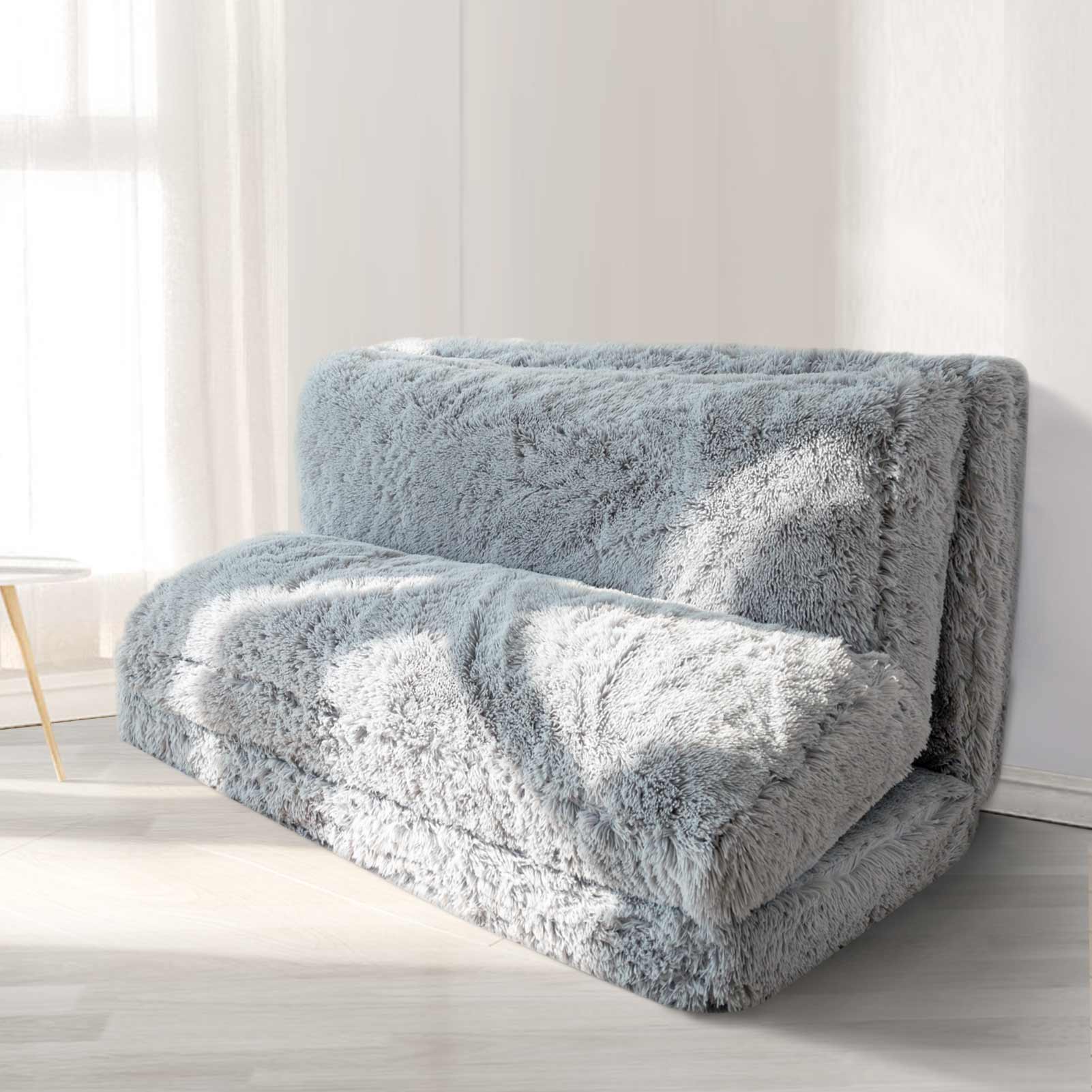 MAXYOYO Folding Floor Sofa Bed - Grey Faux Fur Bean Bag Chair with Foam Filling, Convertible Sleeper for Living Room, Bedroom & Dorm | Comfortable Lounge Seating for Relaxing, Reading & Napping
