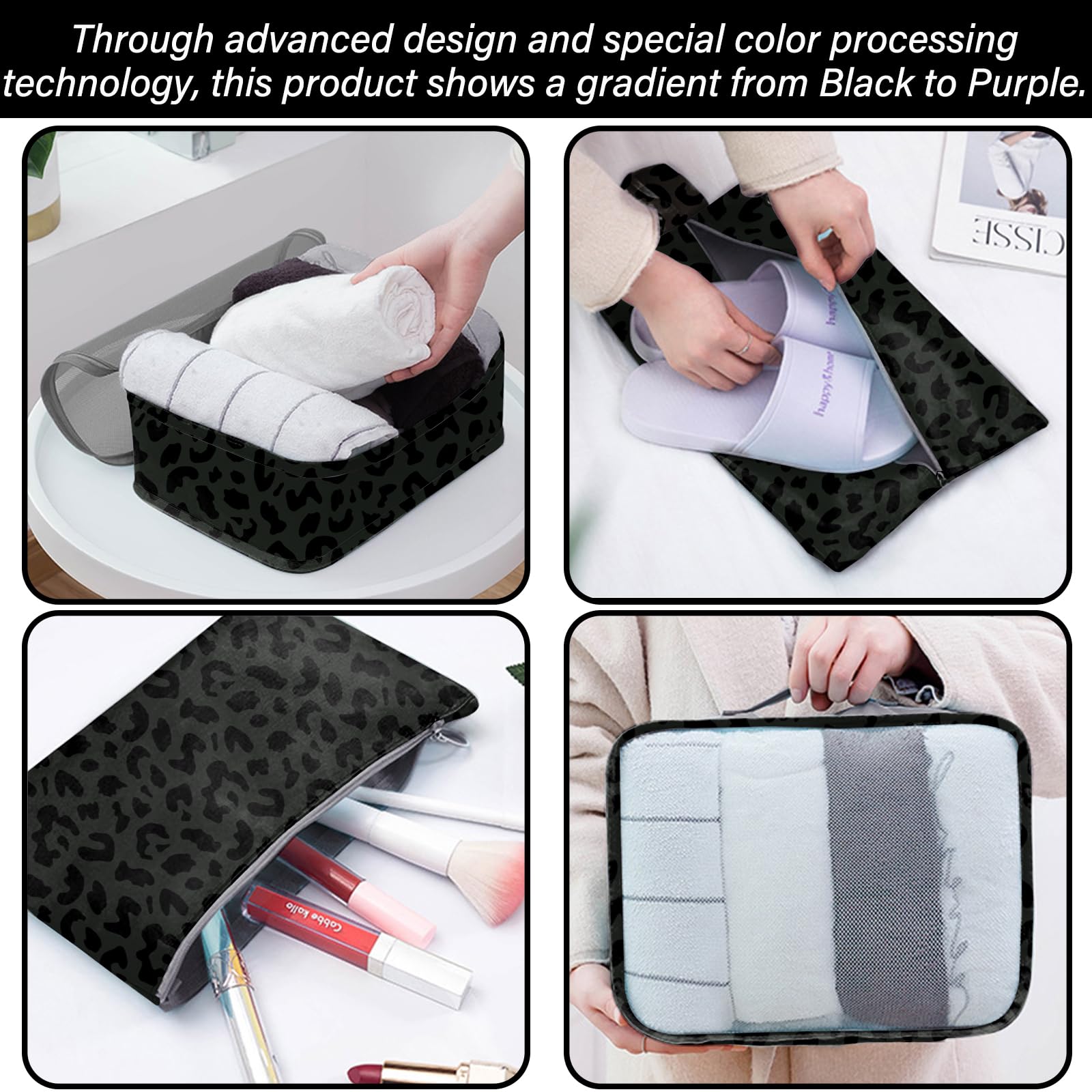 7-Piece Travel Packing Cubes Set - Luggage Organizers with Shoe Bag for Women & Girls | Black Leopard Cheetah Print | Perfect for Weekend Trips, Business Travel & Vacation Packing