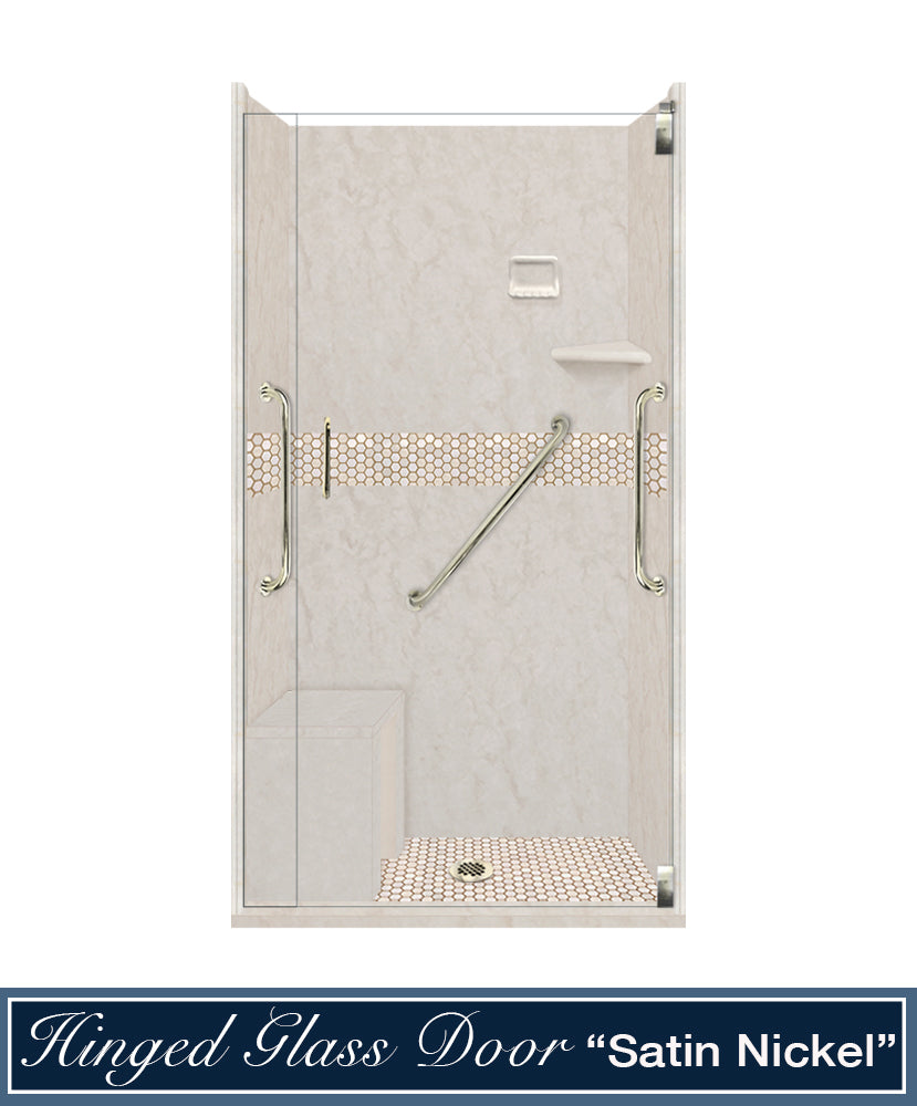 Freedom Rafe Marble Honey Hex Mosaic Alcove Shower Enclosure Kit - Waterproof Bathroom Tile Set for Modern Home Renovation, DIY Shower Wall Installation, Spa-Style Bathroom Upgrade