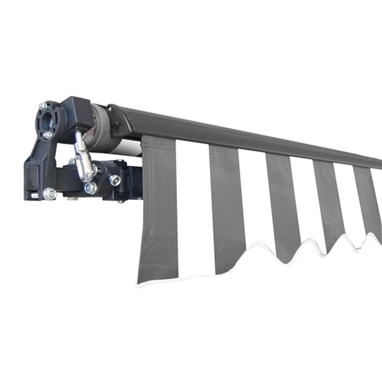 Aleko 13x10 Feet Motorized Retractable Patio Awning - Black Frame with Gray & White Stripes | Outdoor Shade Solution for Deck, Backyard & Poolside Relaxation