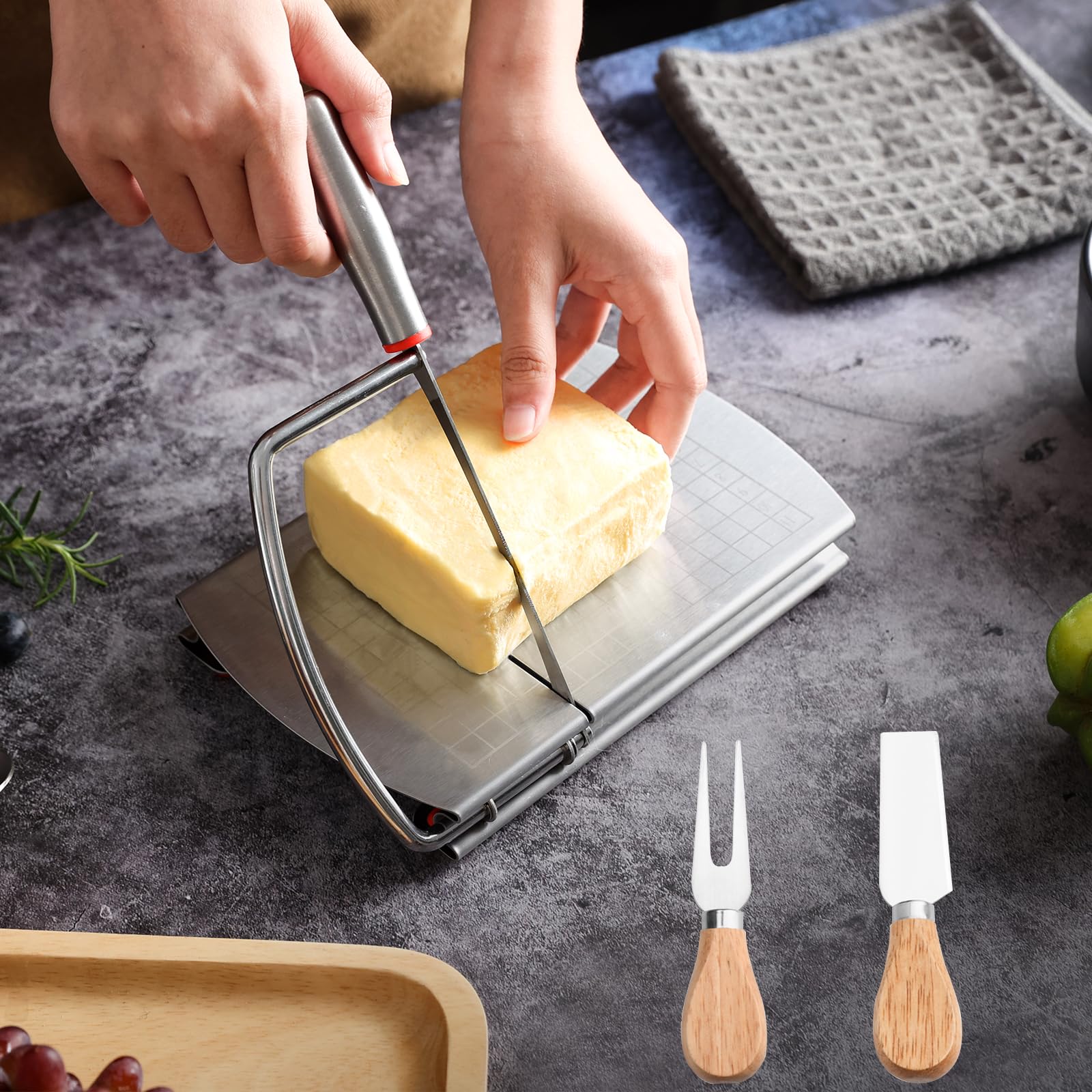 Premium Stainless Steel Cheese Slicer & Cutter Set - 2 Wooden Handle Cheese Knives + Cheese Board with Blade - Perfect for Block Cheese, Charcuterie Boards, Wine Parties & Gourmet Kitchen Use