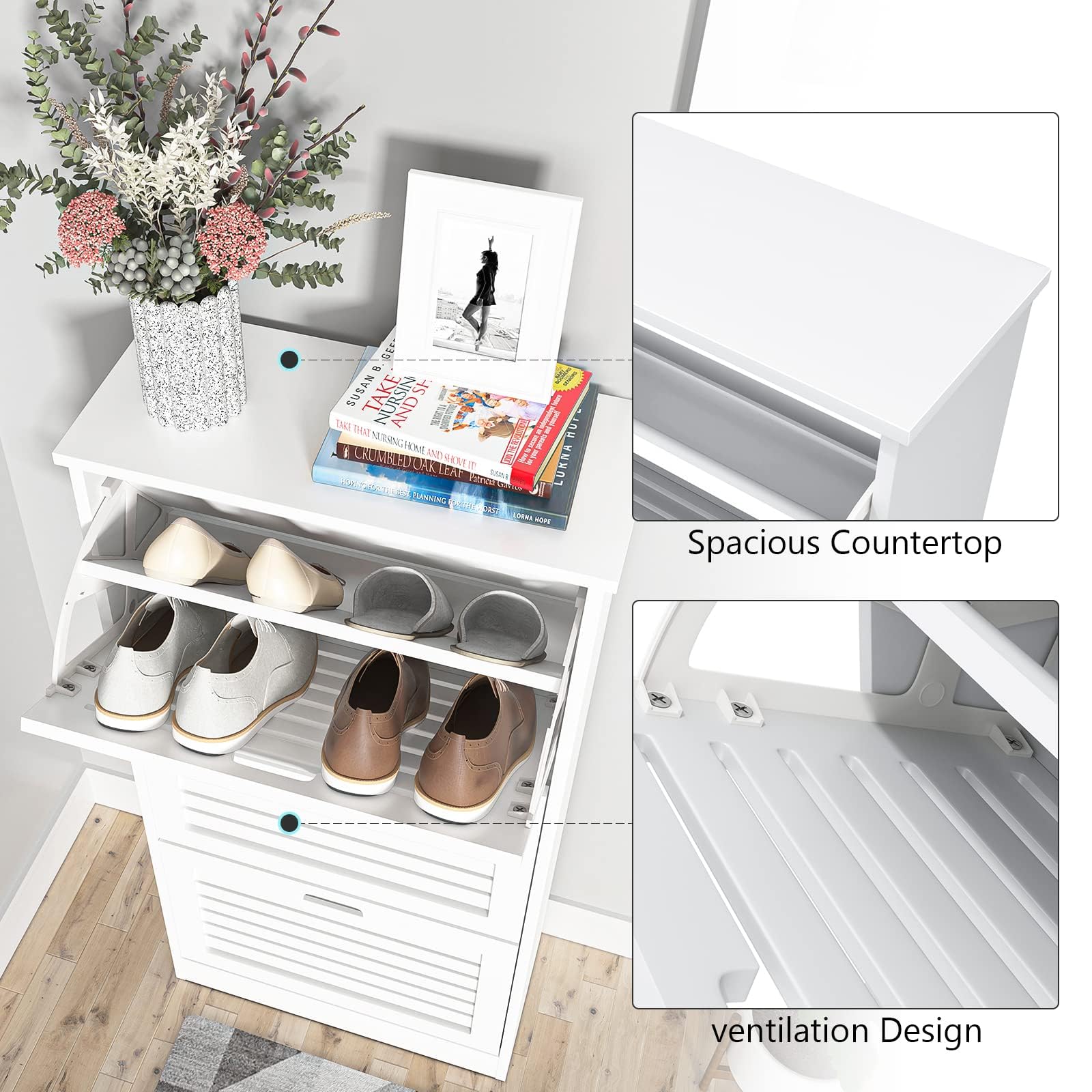 Modern White Shoe Storage Cabinet with 3 Flip Louvered Doors & Adjustable Shelf - Entryway Hallway Organizer for Shoes, Hats & Accessories | Perfect for Small Spaces, Apartments & Mudrooms
