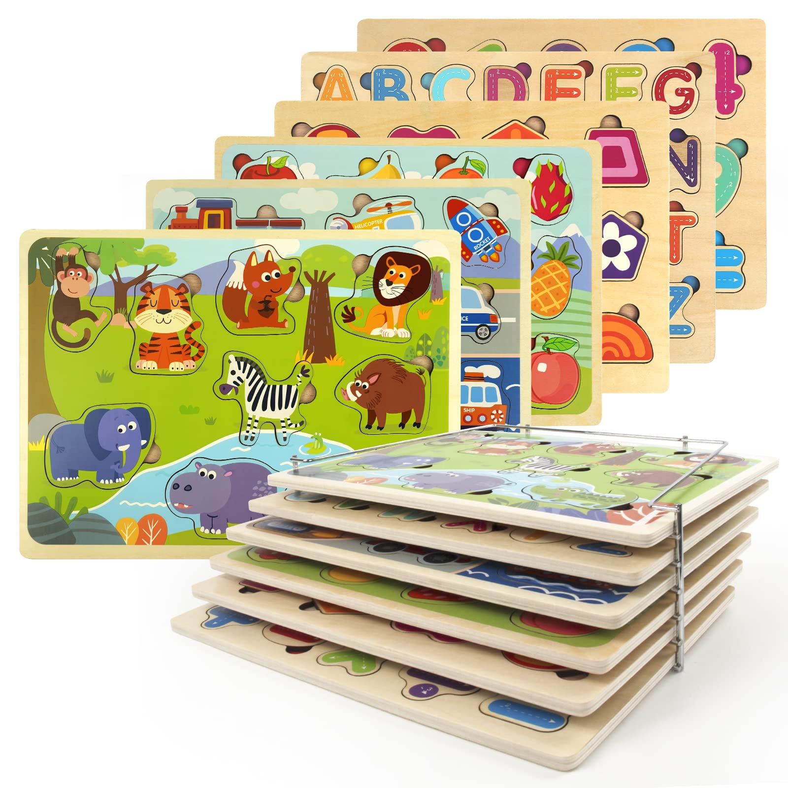 Wooden Puzzles for Toddlers 3-6 with Storage - 6 Pack for Preschool Learning | Playroom & Classroom Use