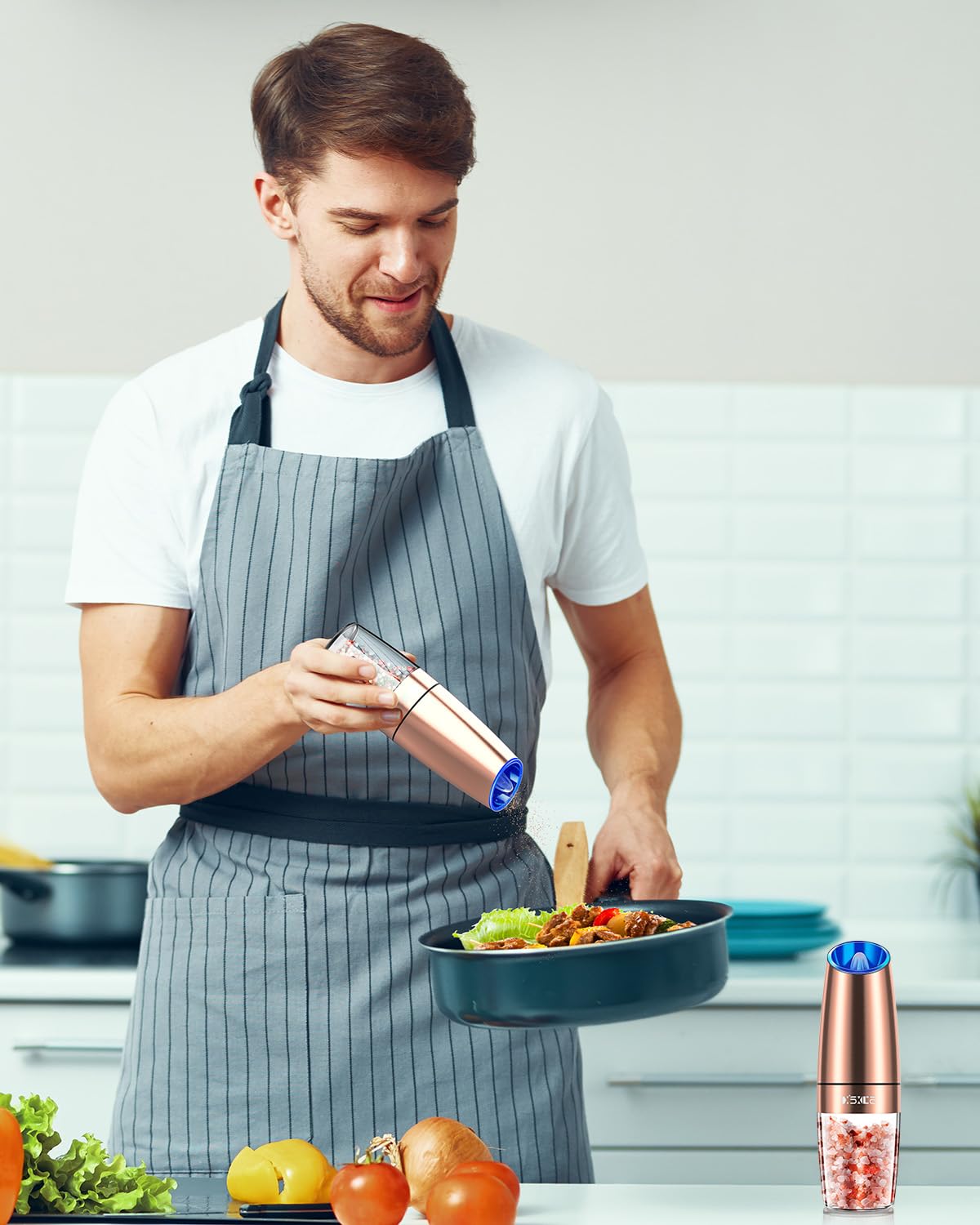 Premium Automatic Electric Pepper and Salt Grinder Set - Stainless Steel Adjustable Coarseness Mill with Blue LED Light, One-Hand Operation - Perfect for Kitchen, Dining Table, BBQ, Camping & Gifting