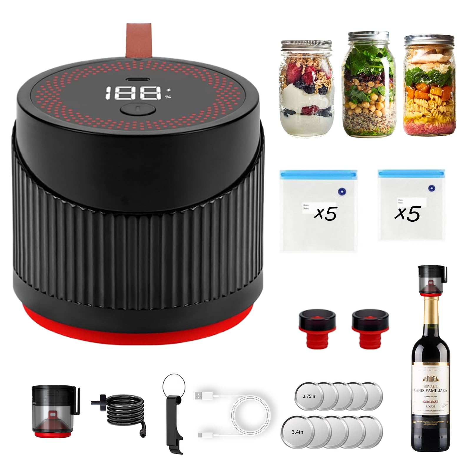 2025 Upgraded Electric Mason Jar Vacuum Sealer Kit - Portable Food Storage System with One-Touch Operation | Leak-Proof Seal for Wide & Regular Mouth Jars | Perfect for Meal Prep, Canning, and Long-Term Food Preservation