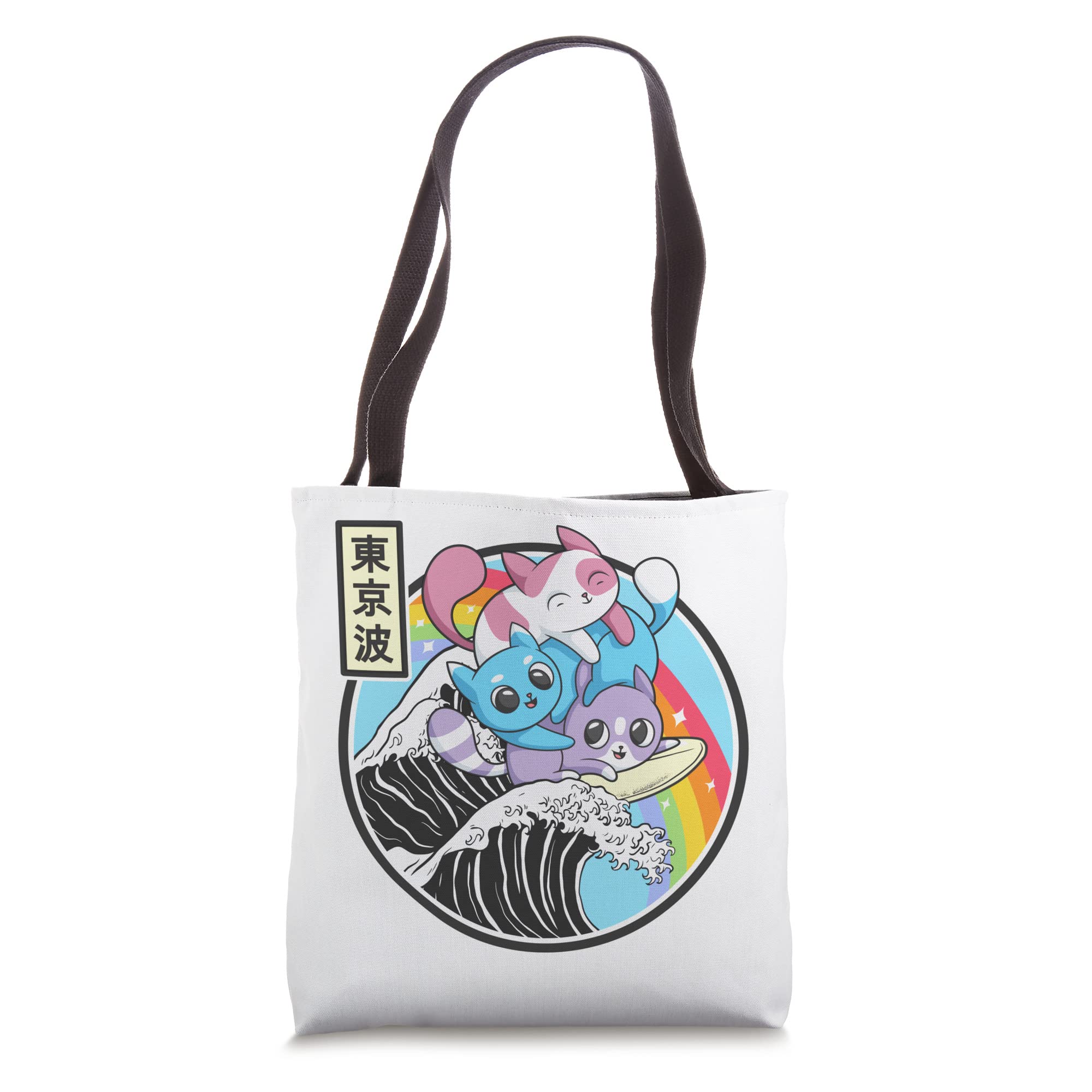 Kawaii Anime Cat Surfing Kanagawa Wave Vaporwave Tote Bag - Stylish Beach Bag for Women, Cute Shopping Tote & Trendy Festival Accessory