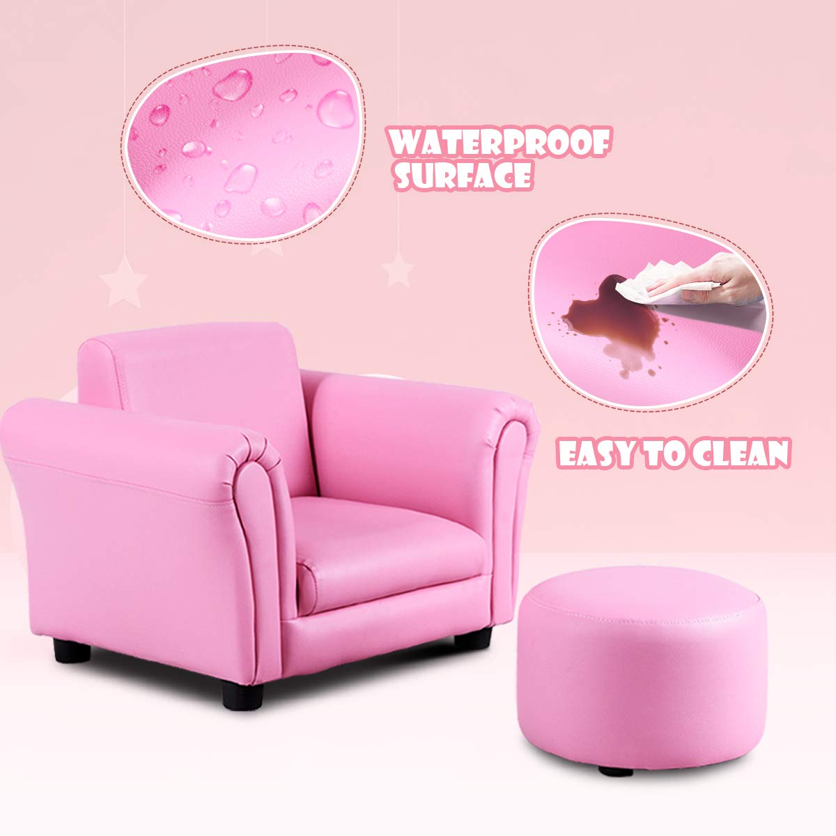 Costzon Kids Couch with Footstool - ASTM & CPSIA Certified Toddler Sofa, 100LBS Weight Capacity, Pink Armchair with Armrest & Backrest - Perfect for Playroom, Nursery, or as Birthday Gift for Baby Girls