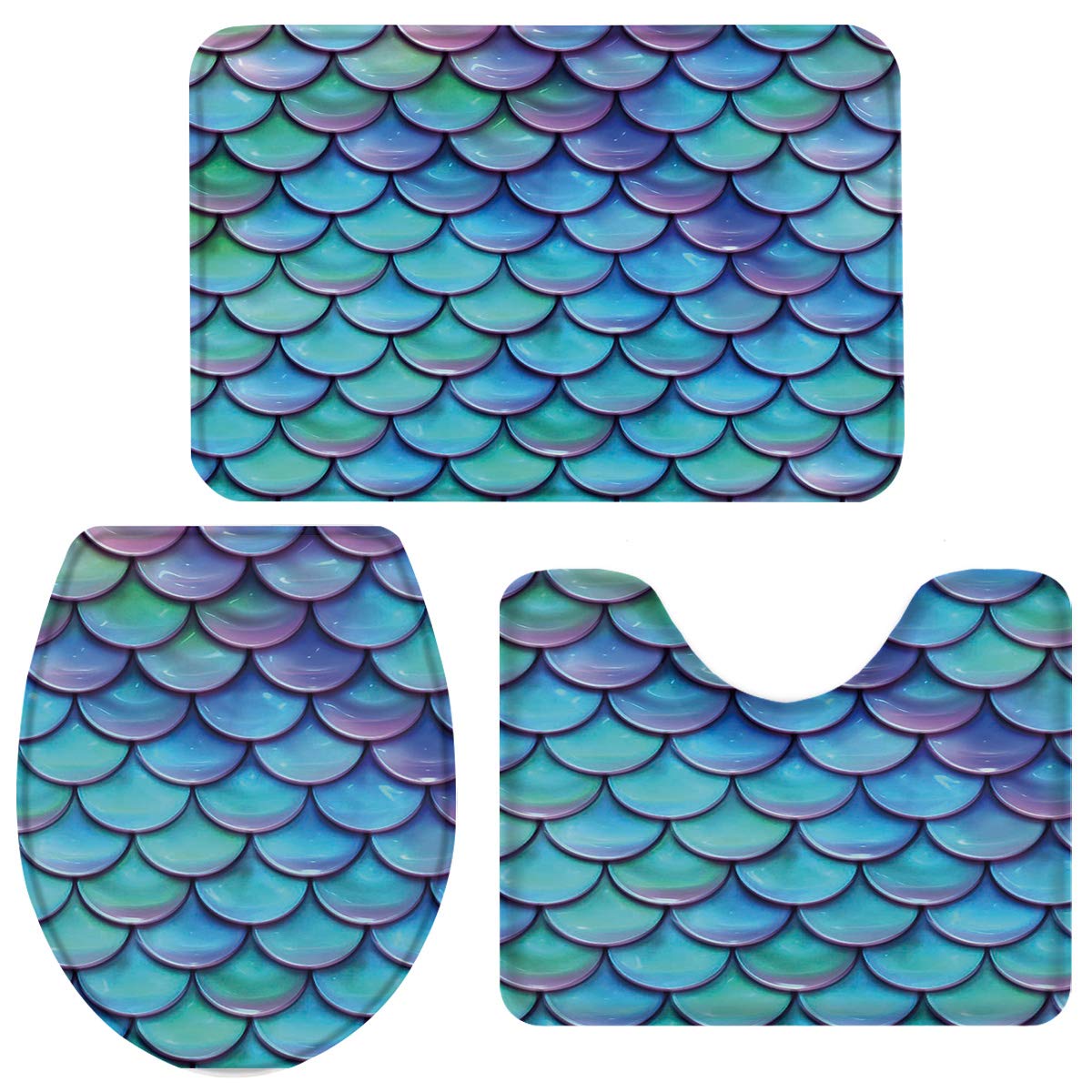 3 Piece Bath Rugs Set - Non-Slip Fish Scale Pattern Bathroom Mat, Absorbent U-Shaped Toilet Rug with Lid Cover in Purple & Blue | Soft & Durable for Bathroom, Shower, Vanity Area