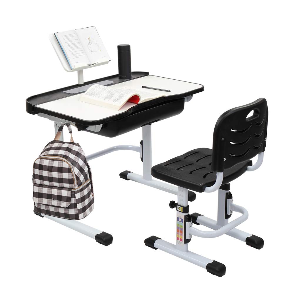 MTFY Adjustable Kids Desk and Chair Set - Tilt & Height Adjustable Study Table with Storage Drawer, Ergonomic Children's Writing Desk for School & Homework (Black, 2-Piece Set) - Perfect for Homeschooling, Online Learning & Small Spaces