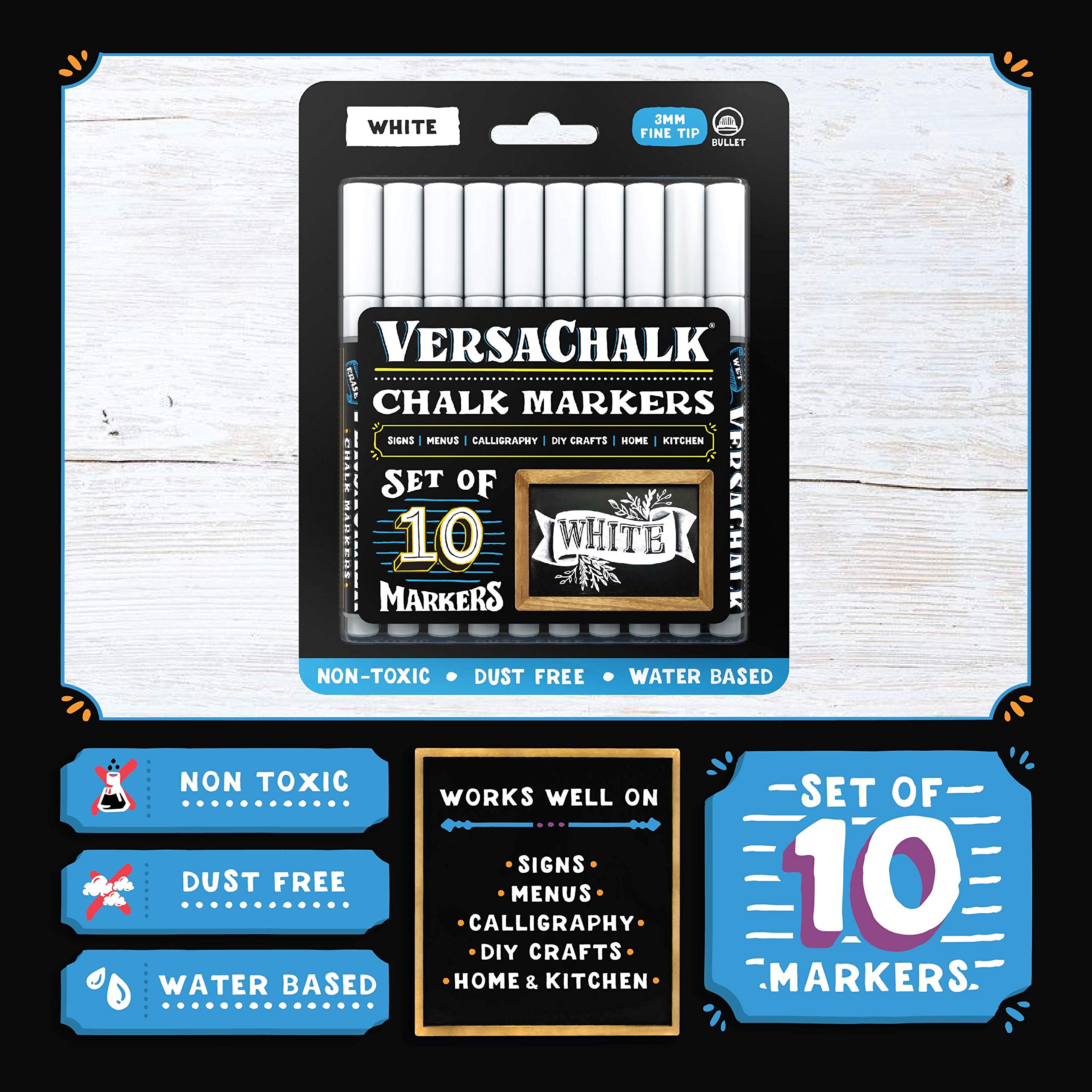 VersaChalk White Liquid Chalk Markers - 10 Pack Fine Tip (3mm) Erasable Washable Chalkboard Pens for Blackboards, Windows, Glass & Non-Porous Surfaces - Perfect for Restaurant Menus, Classroom Teaching & DIY Home Decor