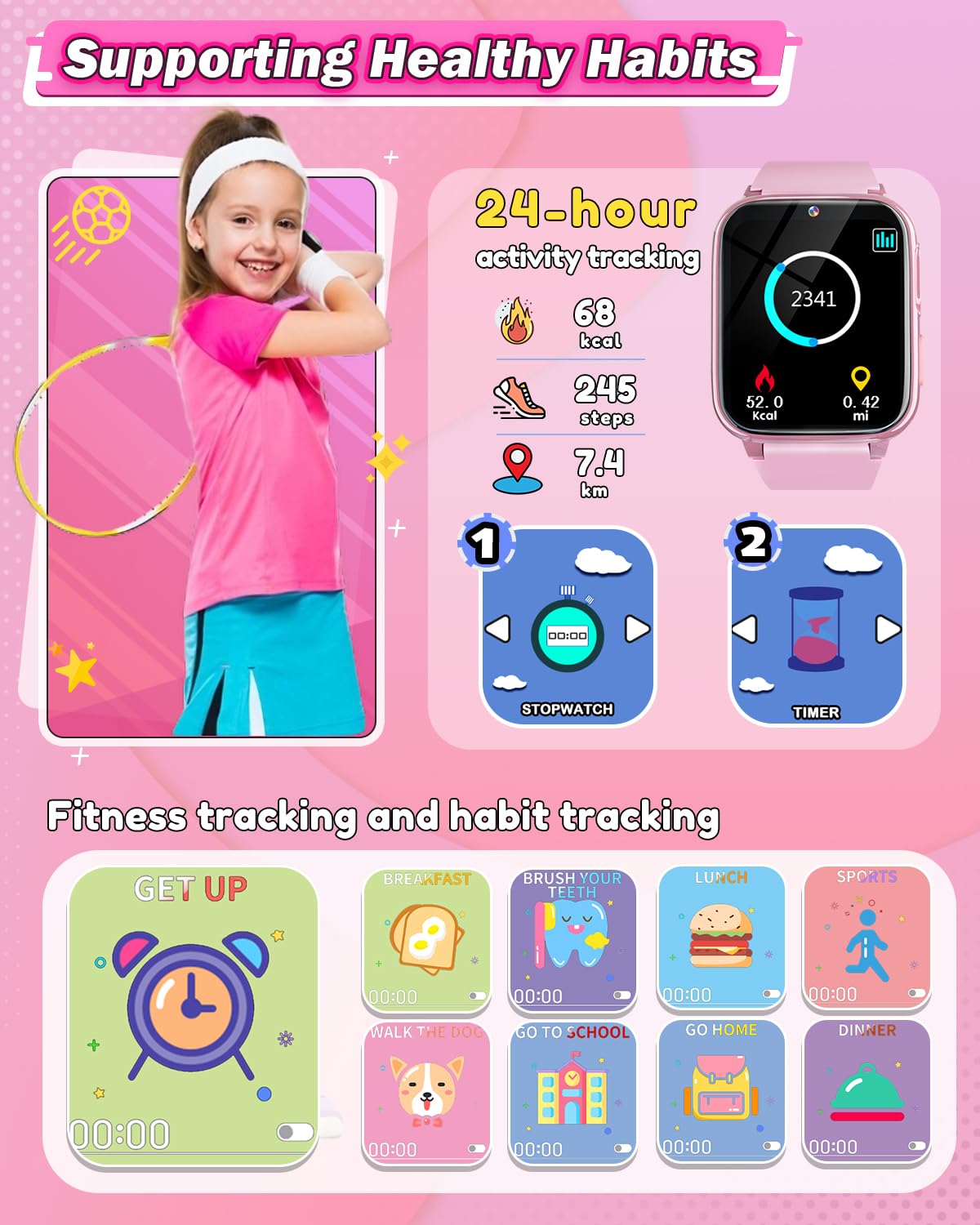 Smart Watch for Girls Age 6-10 - HD Touchscreen Kids Watch with Dual Camera, 35 Games & MP3 Player - Learning Card & Fun Toy for 5-9 Year Old Girls - Perfect Christmas & Birthday Gift for Outdoor Play & School Activities