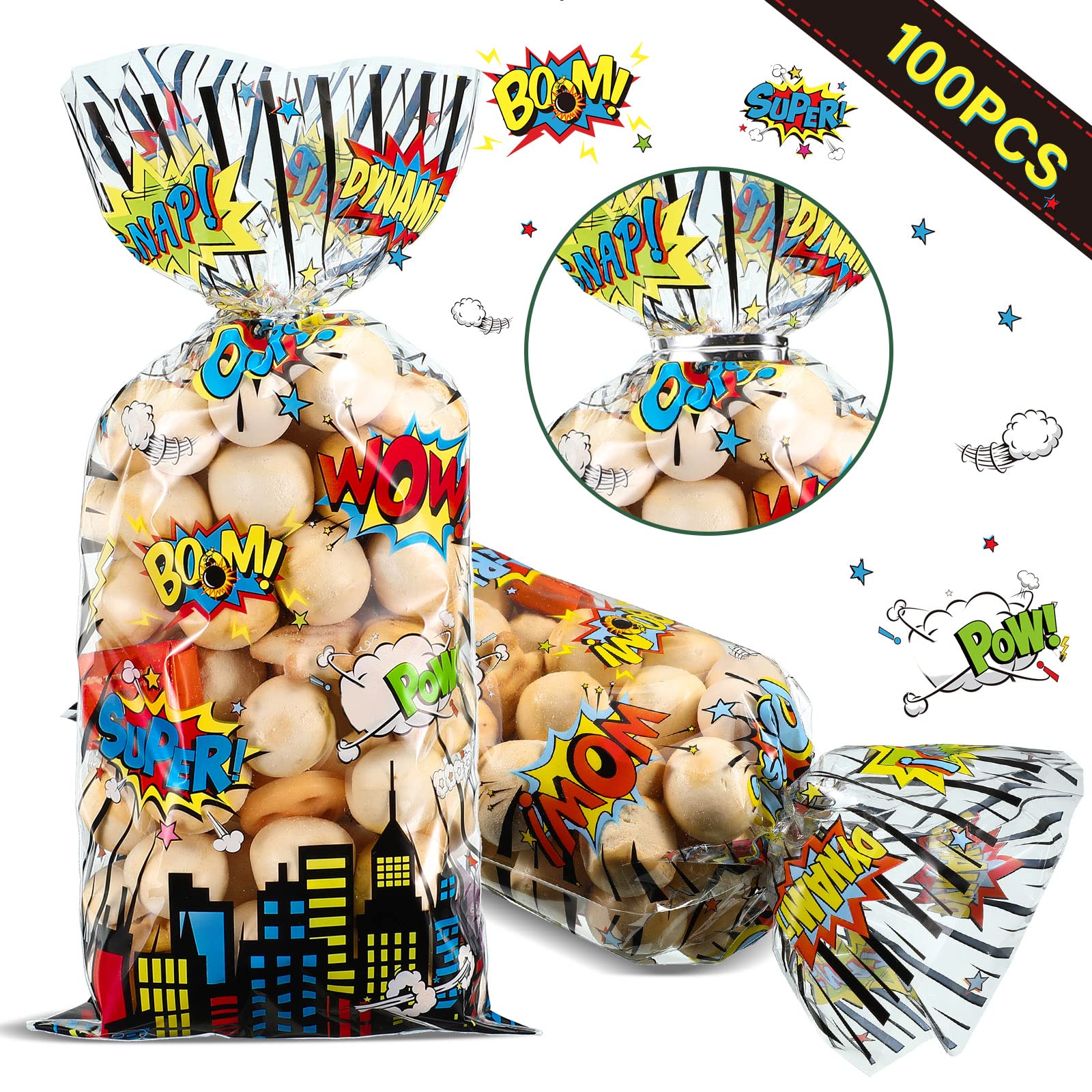 100 Pcs Clear Cellophane Treat Bags with Silver Twist Ties - Party Gift Candy Favor Bags for Birthday, Baby Shower, Wedding & Holiday Celebrations - Perfect for Candy, Cookies, Small Gifts & Party Favors
