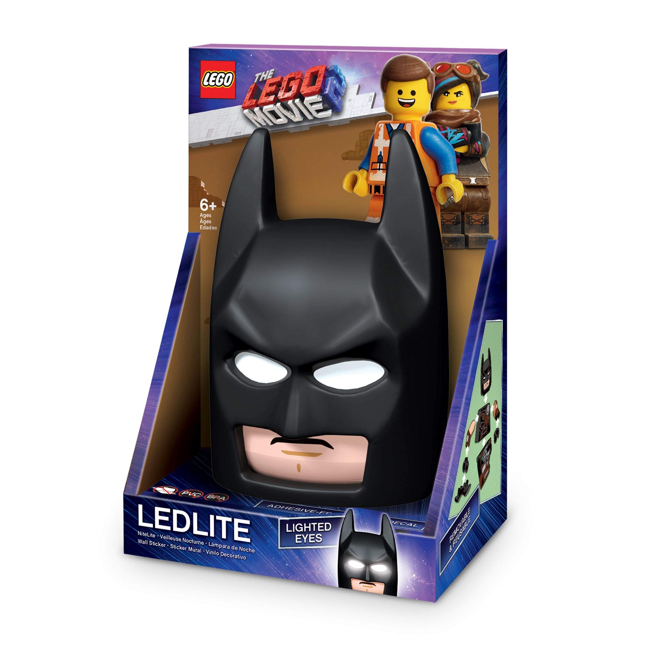 LEGO Movie 2 Batman Mask Wall Night Light with Sticker Decal - Auto-Off LED for Kids Bedroom, Gaming Room & Home Decor - Perfect for Superhero Themed Rooms & Nighttime Safety (NI11)