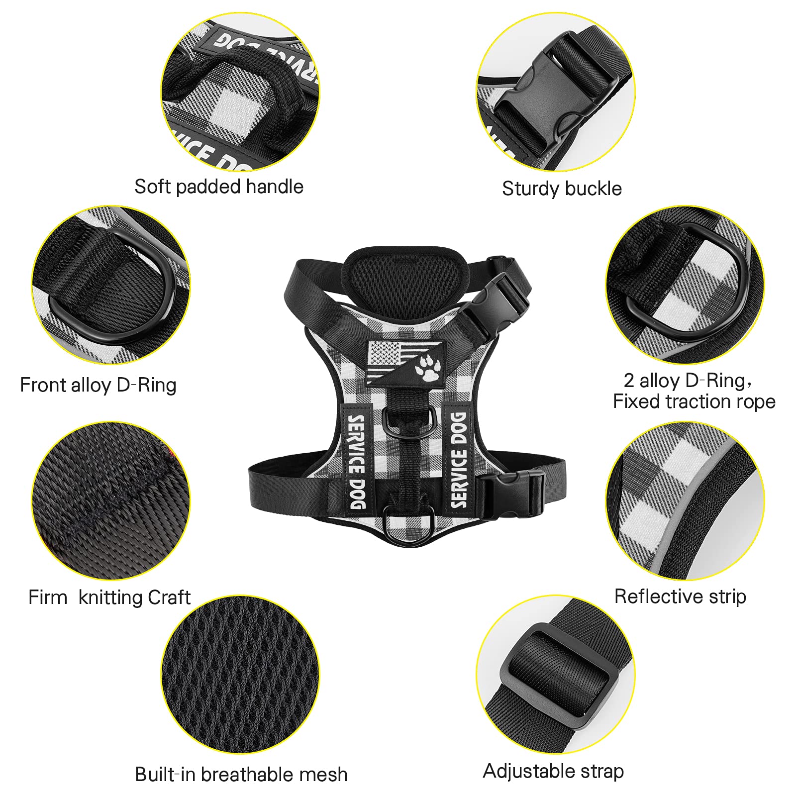 Demigreat Reflective Service Dog Harness with 5 PCS Patches - Adjustable Soft Oxford Pet Vest for Small Medium Large Dogs | Breathable Mesh Inner Layer | Easy Control Walking Harness for Therapy, Training & Outdoor Activities